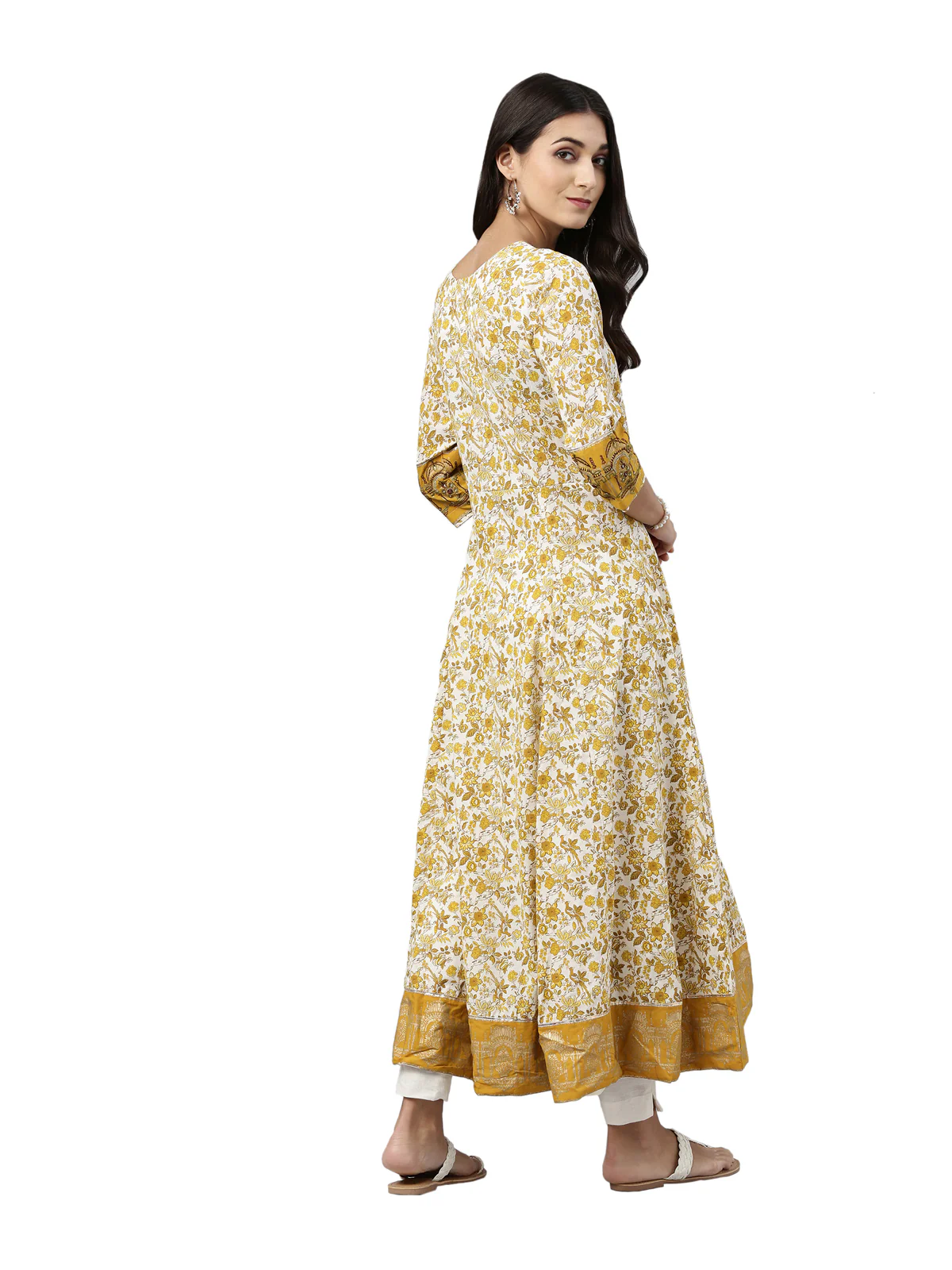 Neerus Women Mustard Yellow  White Ethnic Motifs Printed Anarkali Kurta - Image 4