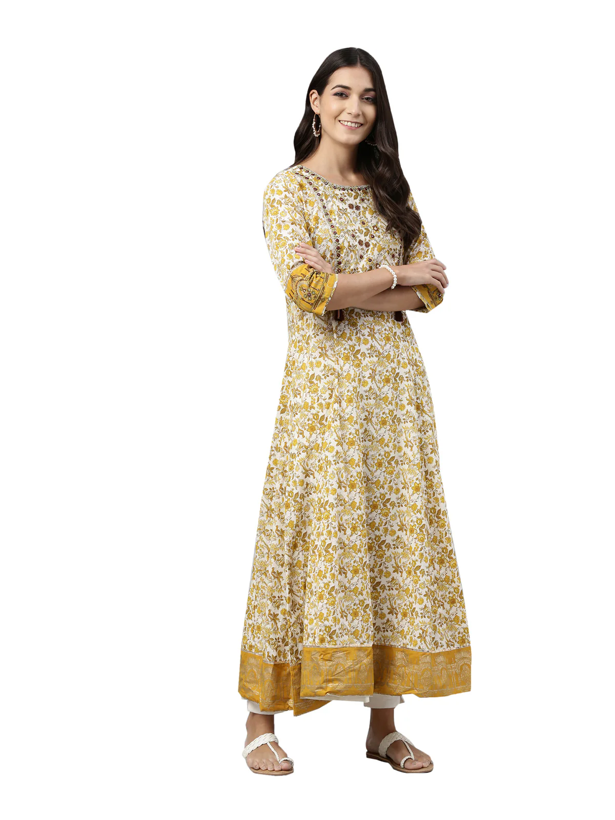 Neerus Women Mustard Yellow  White Ethnic Motifs Printed Anarkali Kurta - Image 6