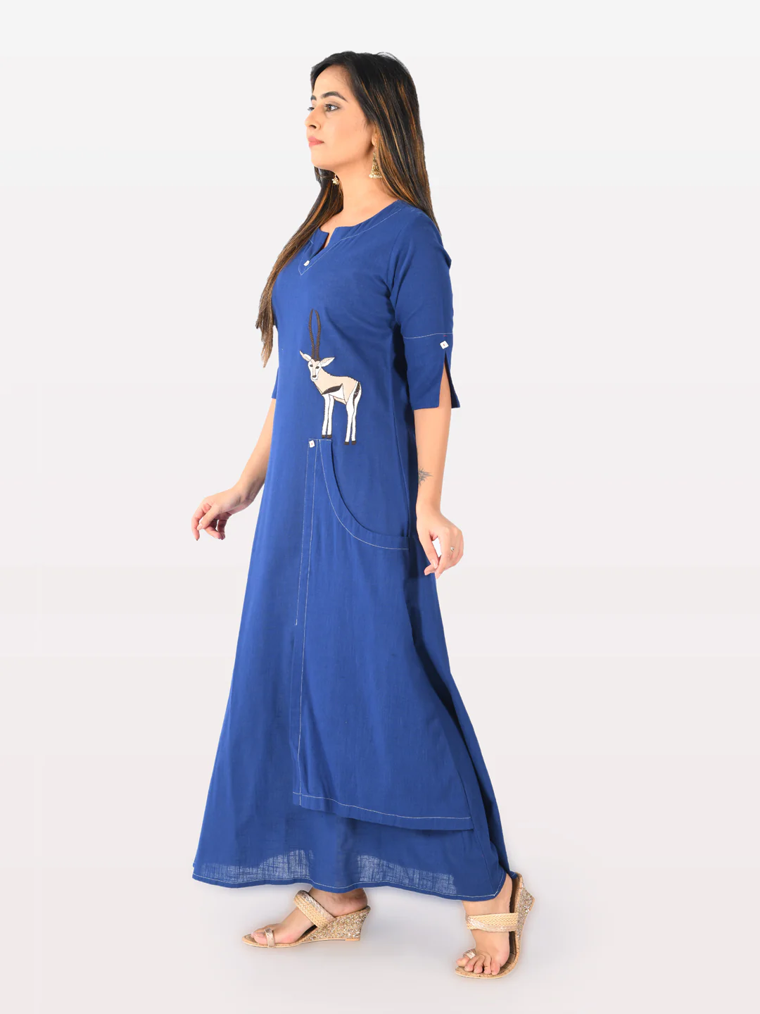 Neerus Women Navy Blue Color Slub Cotton Fabric Tunic "54"