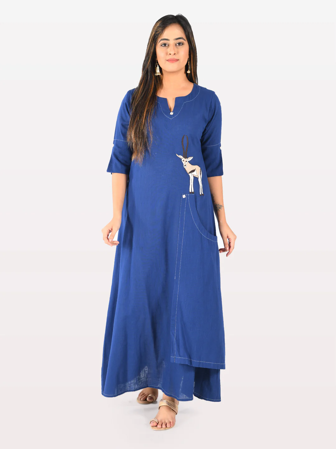 Neerus Women Navy Blue Color Slub Cotton Fabric Tunic "54" - Image 4