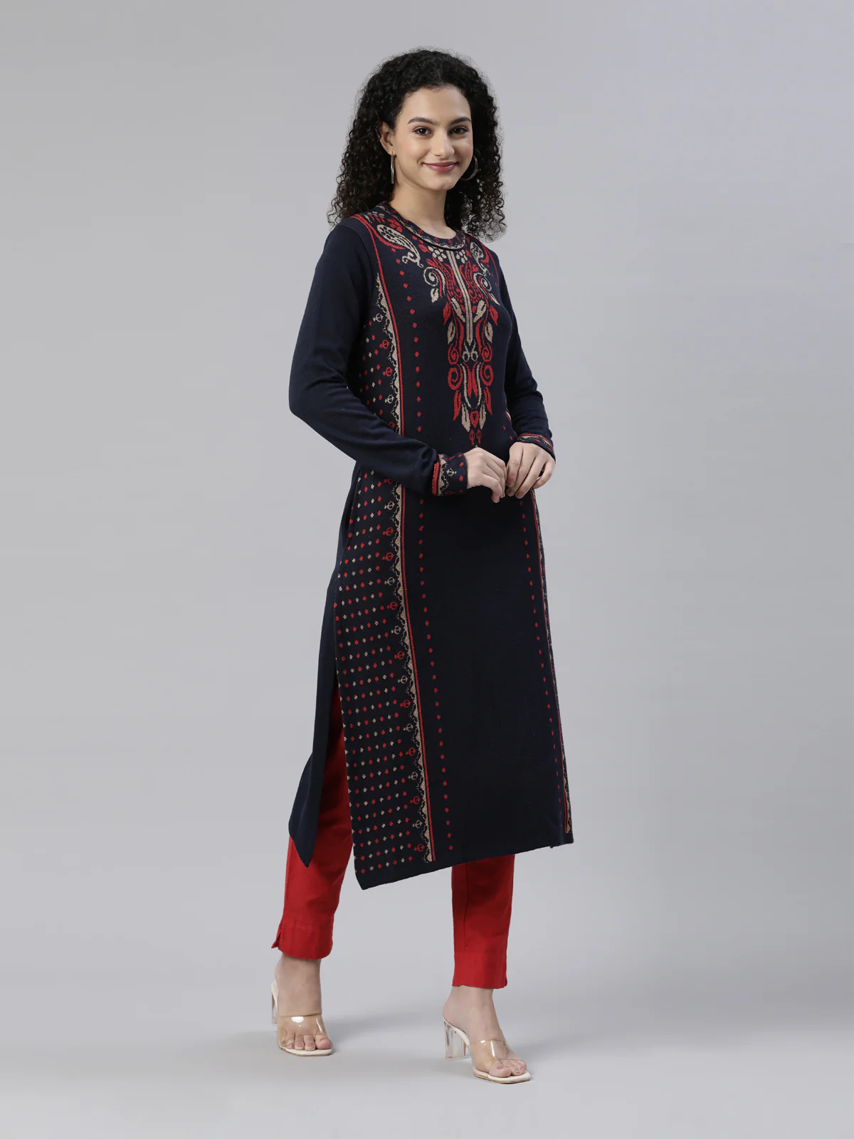 Neerus Winter Wear Navy Blue Ethnic Motifs Acrylic Kurta For Women - Image 5