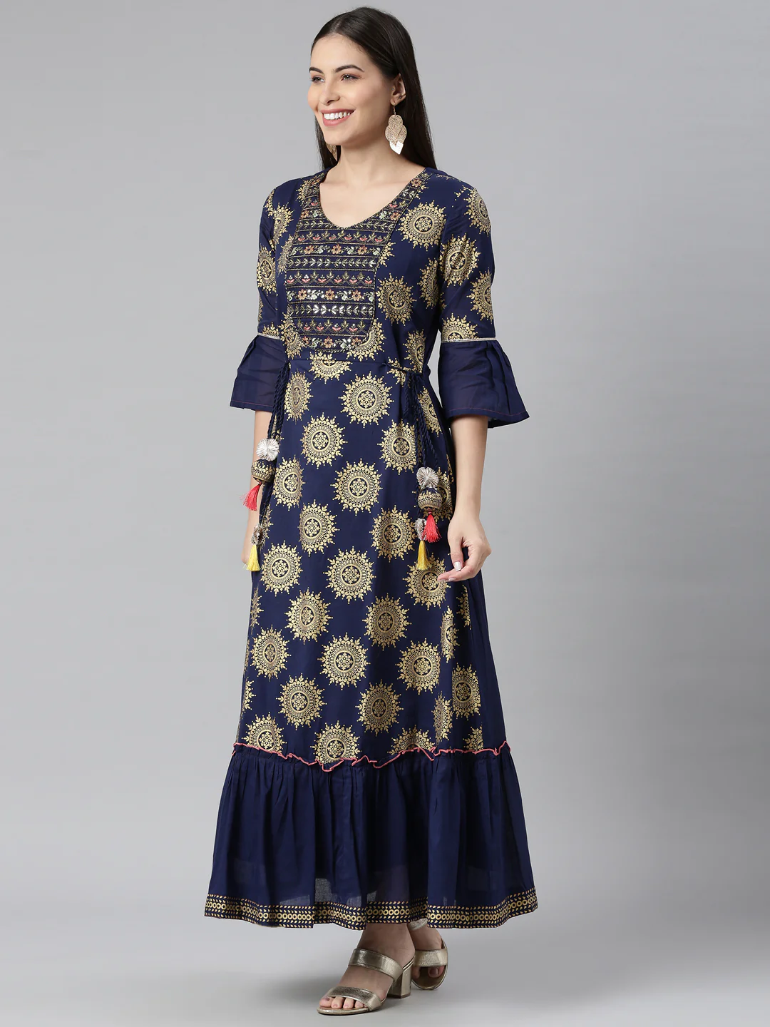 Neerus Women Navy Blue Ethnic Motifs Embellished Flared Sleeves Anarkali Kurta - Image 2