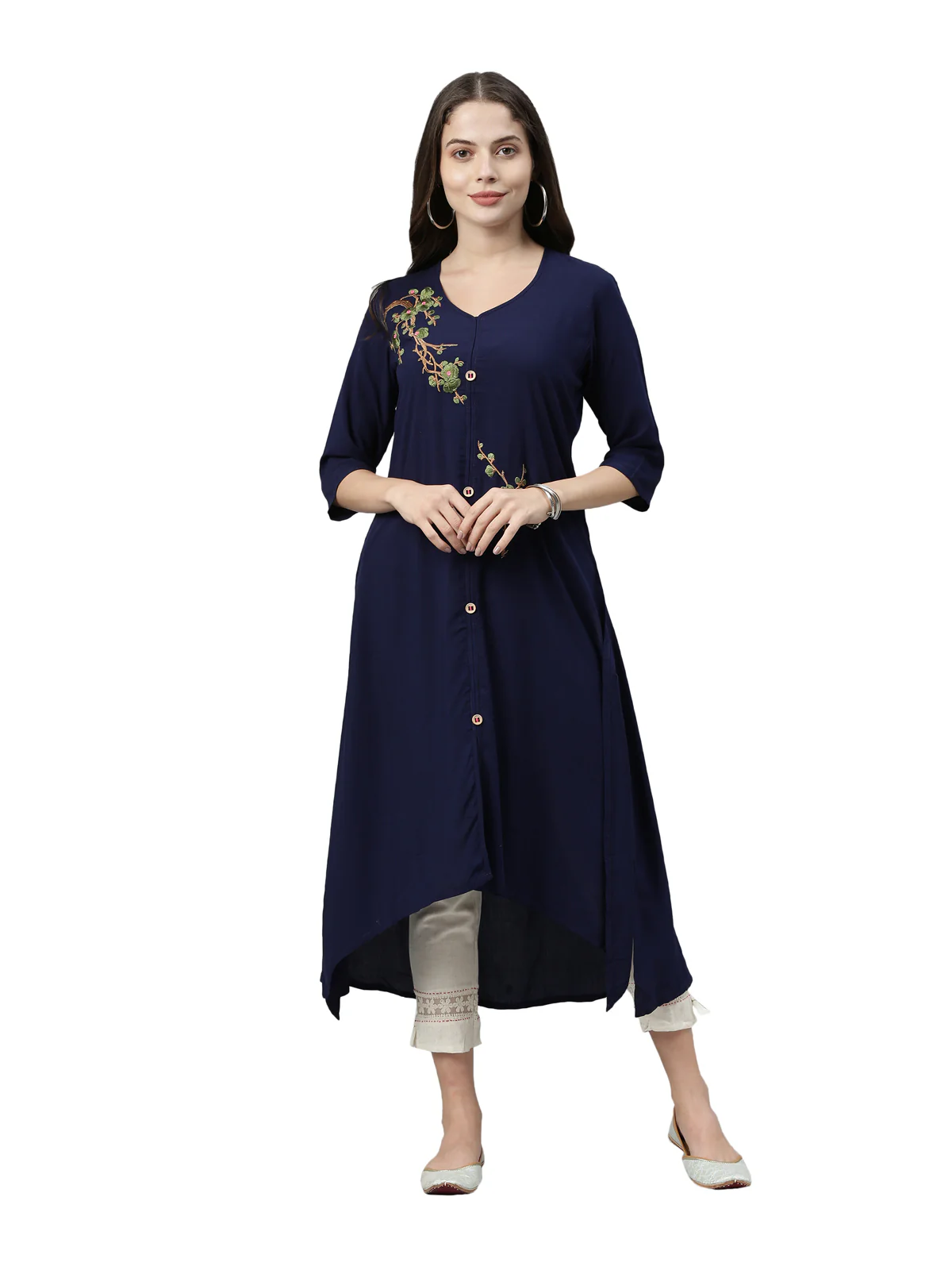 Neerus Women Navy Blue Green Phulkari Embroidered Floral Front-Slit A-Line Kurta
