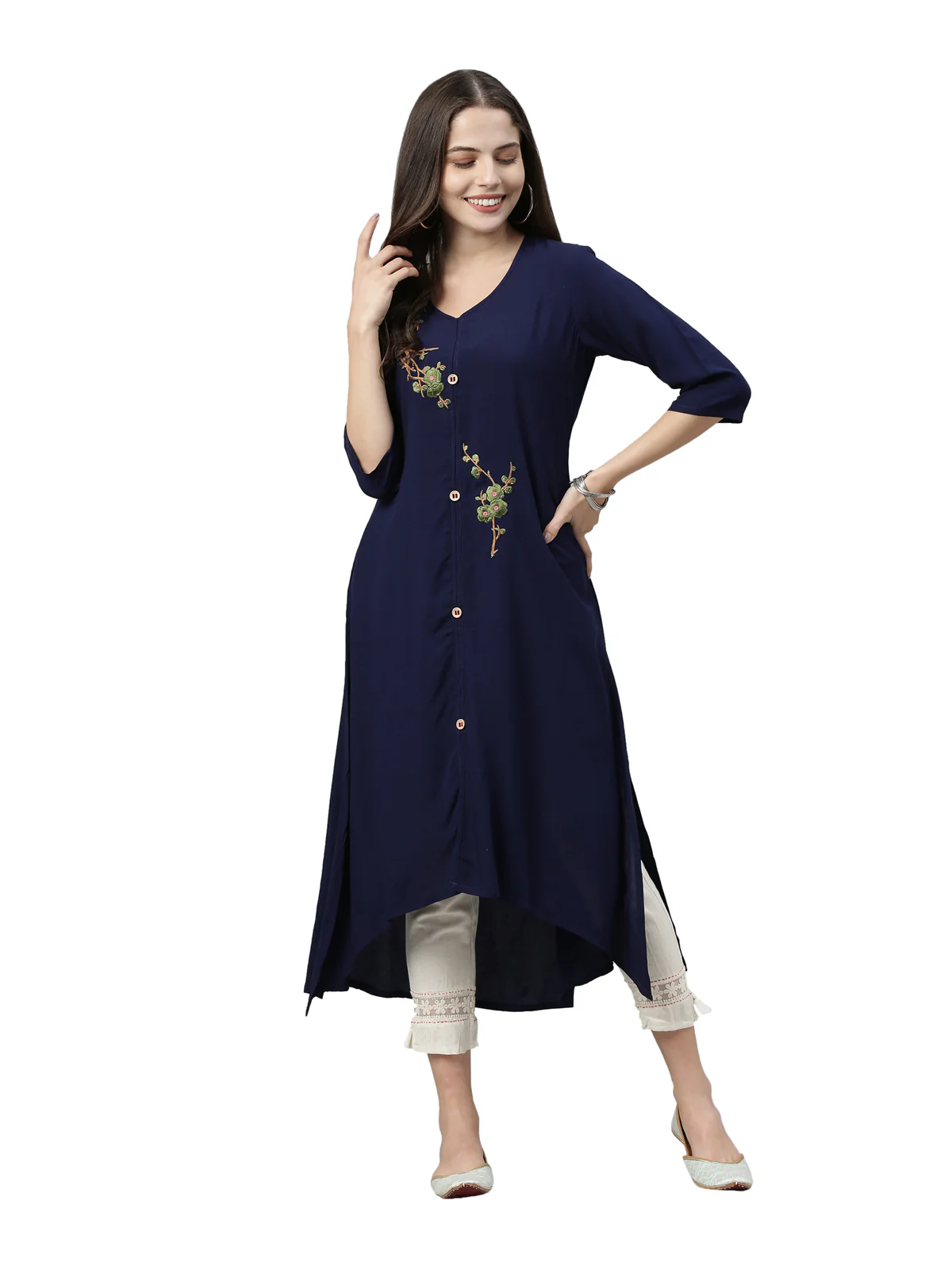 Neerus Women Navy Blue Green Phulkari Embroidered Floral Front-Slit A-Line Kurta - Image 5