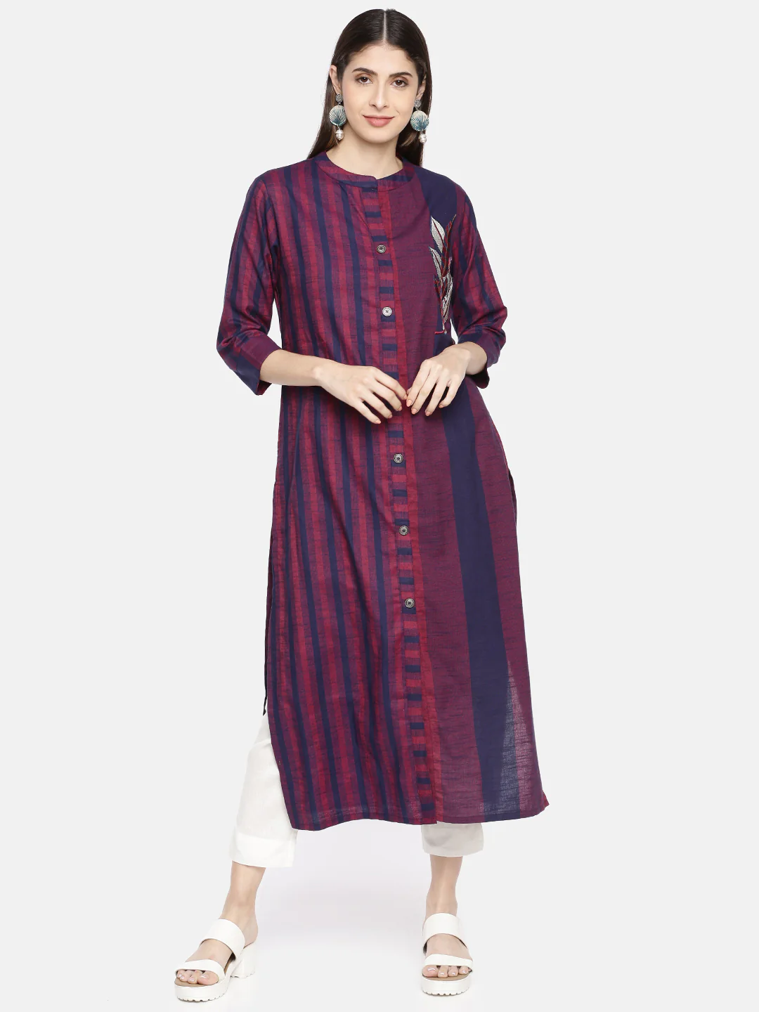 Neerus Women Navy Blue Red Striped A-Line Kurta