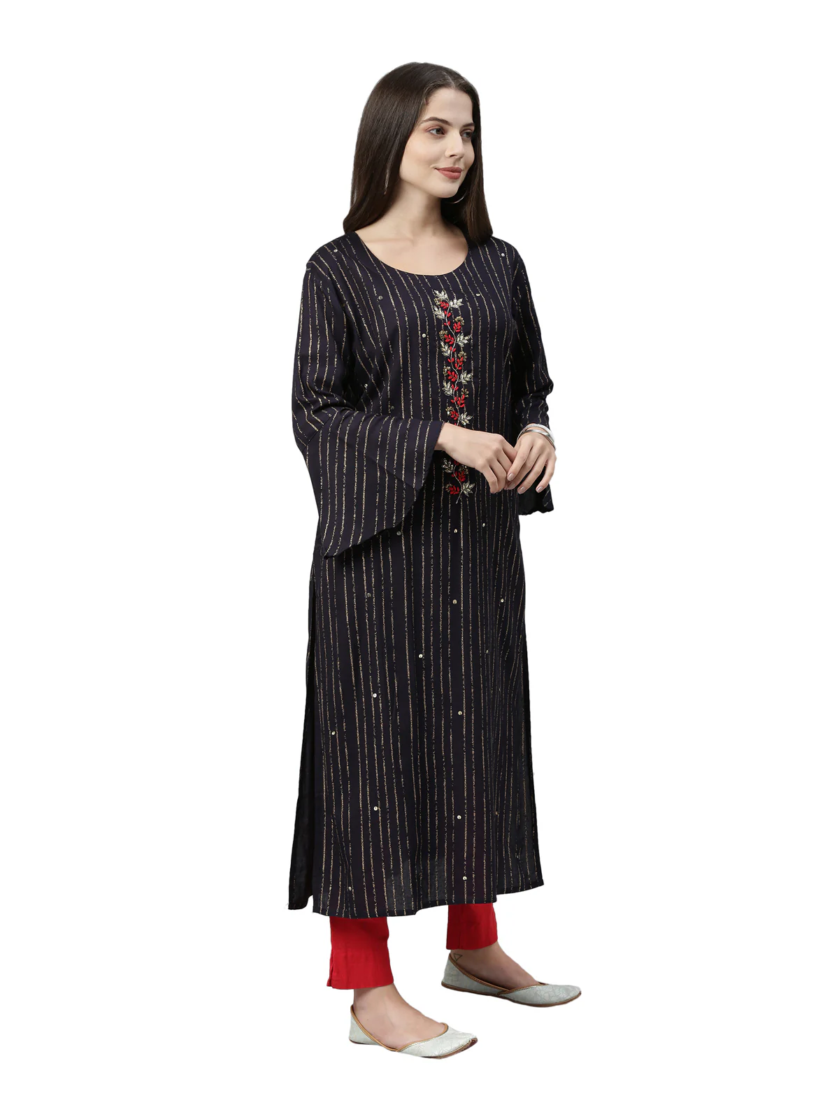 Neerus Women Navy Blue Striped Bell Sleeves Kurta - Image 3