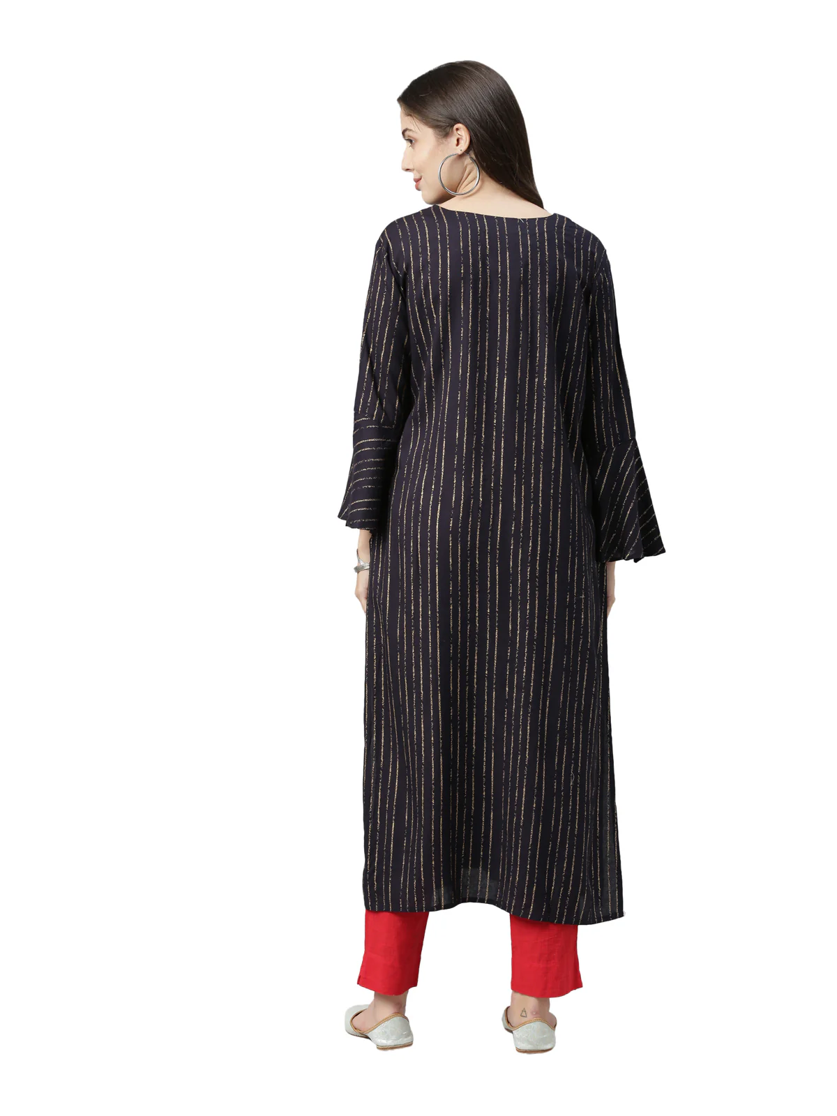 Neerus Women Navy Blue Striped Bell Sleeves Kurta - Image 4