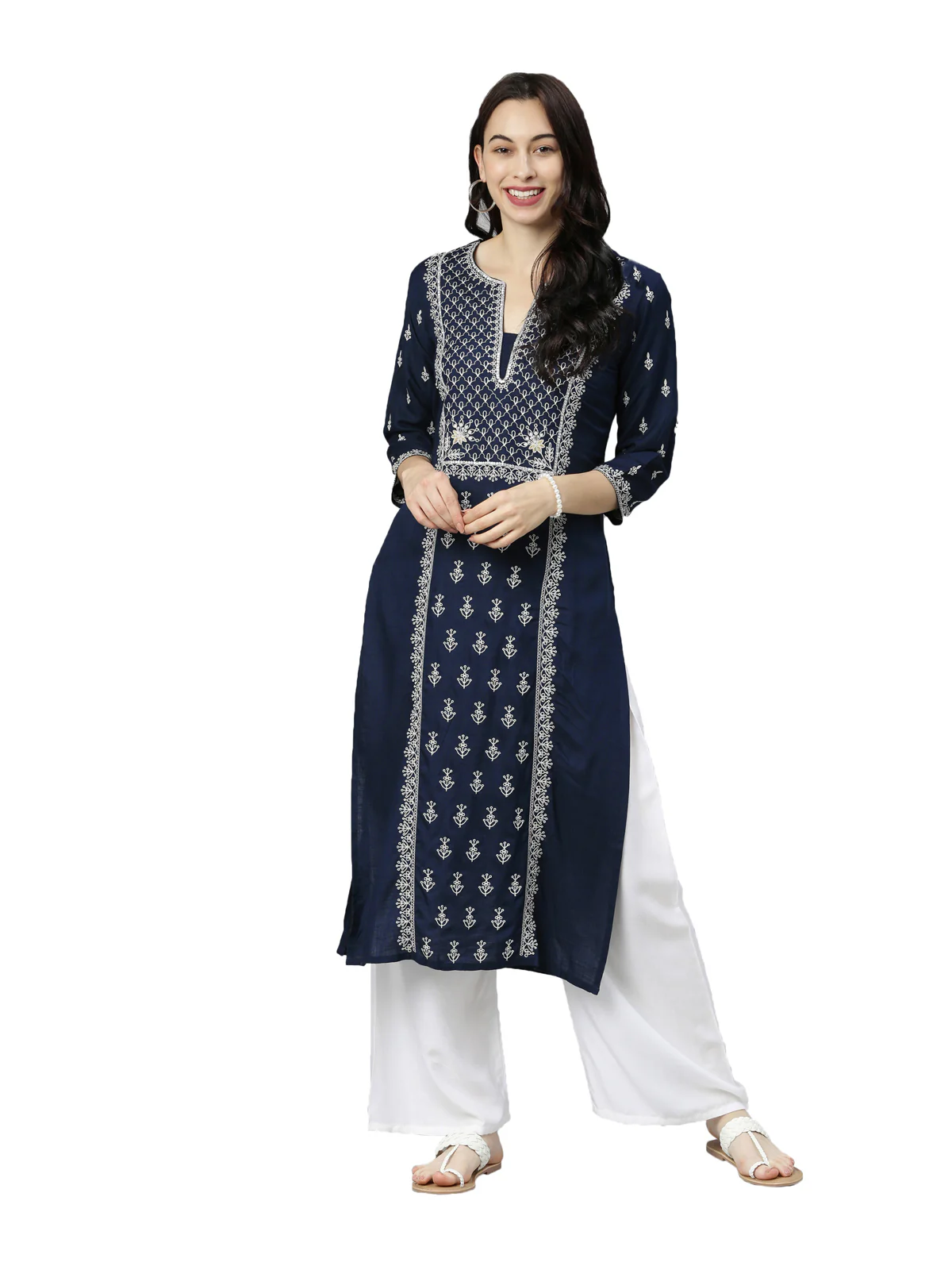 Neerus Women Navy Blue White Floral Embroidered Thread Work Kurta - Image 6