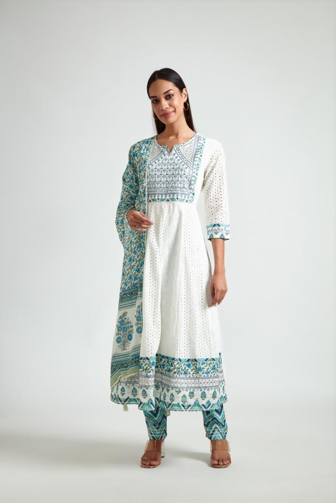 Neerus Women Off White  Blue Floral Yoke Design Kurta with Trouser  Dupatta