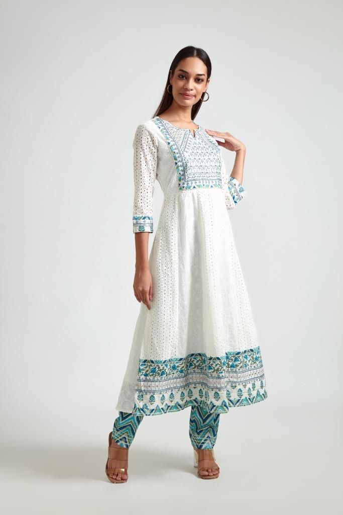Neerus Women Off White  Blue Floral Yoke Design Kurta with Trouser  Dupatta - Image 2