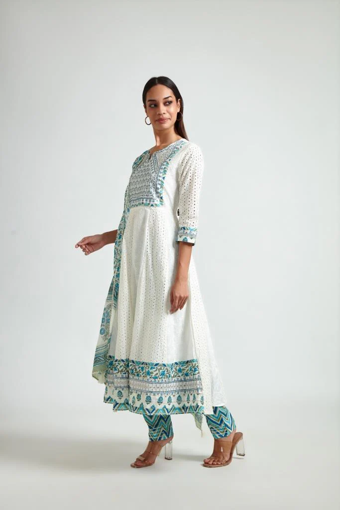 Neerus Women Off White  Blue Floral Yoke Design Kurta with Trouser  Dupatta - Image 3
