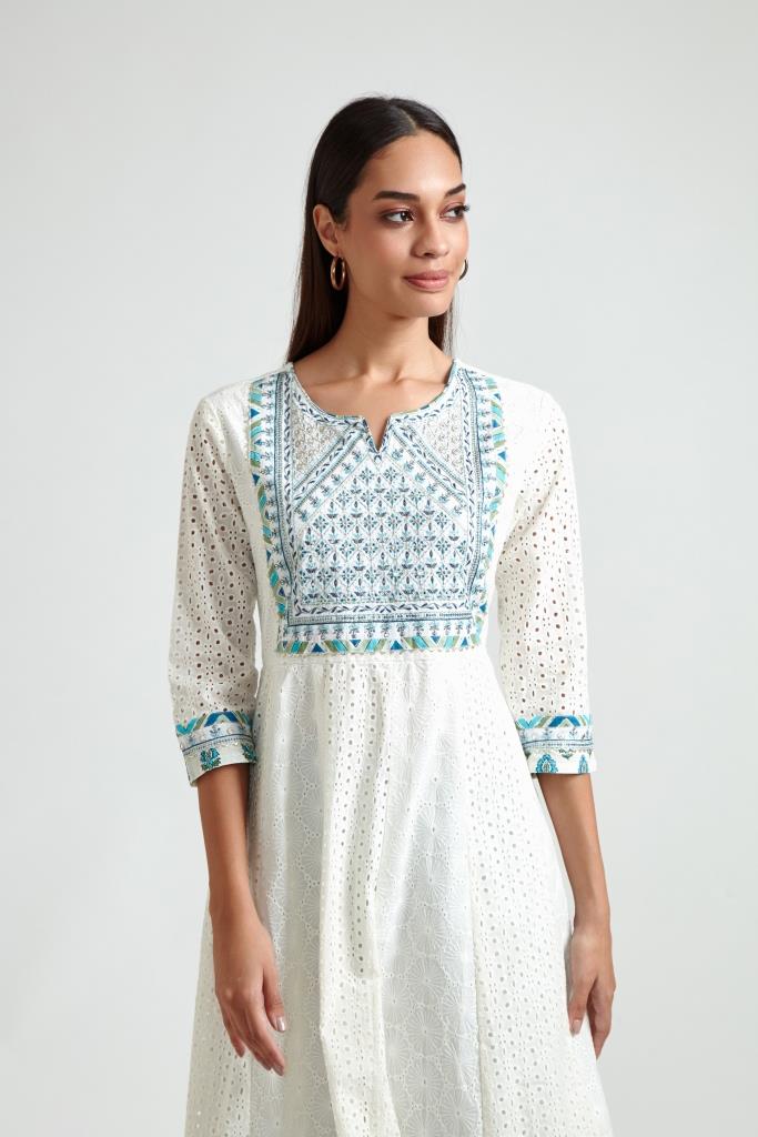Neerus Women Off White  Blue Floral Yoke Design Kurta with Trouser  Dupatta - Image 5