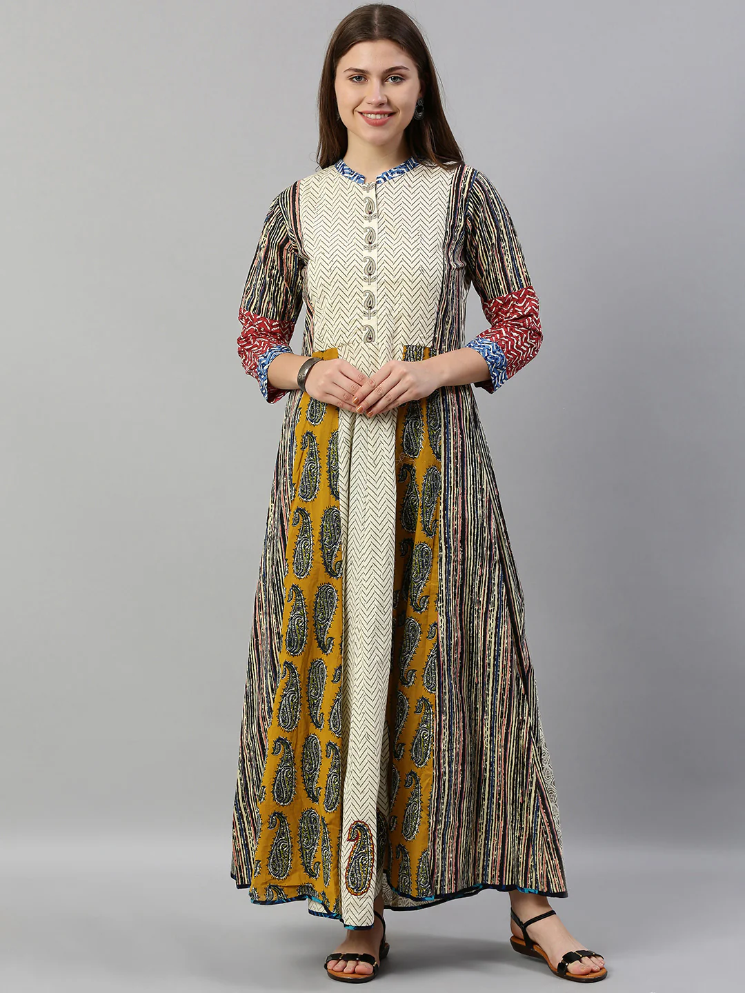 Neerus Women Off-White Brown Printed A-Line Kurta