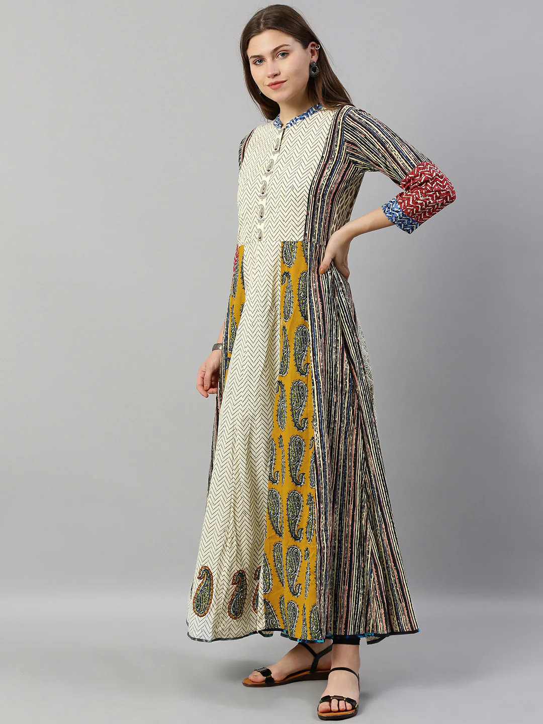 Neerus Women Off-White Brown Printed A-Line Kurta - Image 3