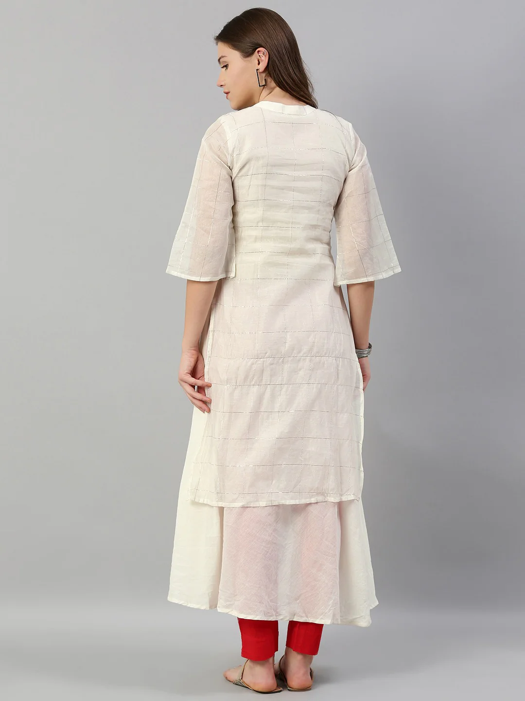 Neerus Women Off-White  Golden Checked with Quirky Detailing Layered A-Line Kurta - Image 3