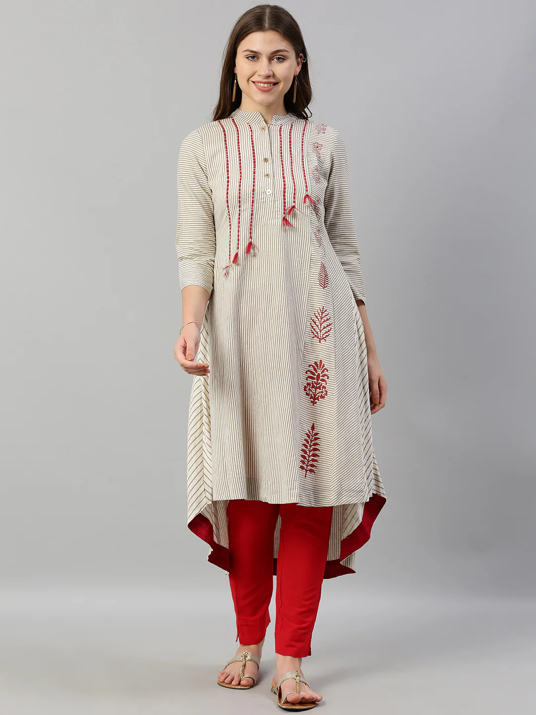 Neerus Women Off-White Grey Striped A-Line Kurta With Tassels