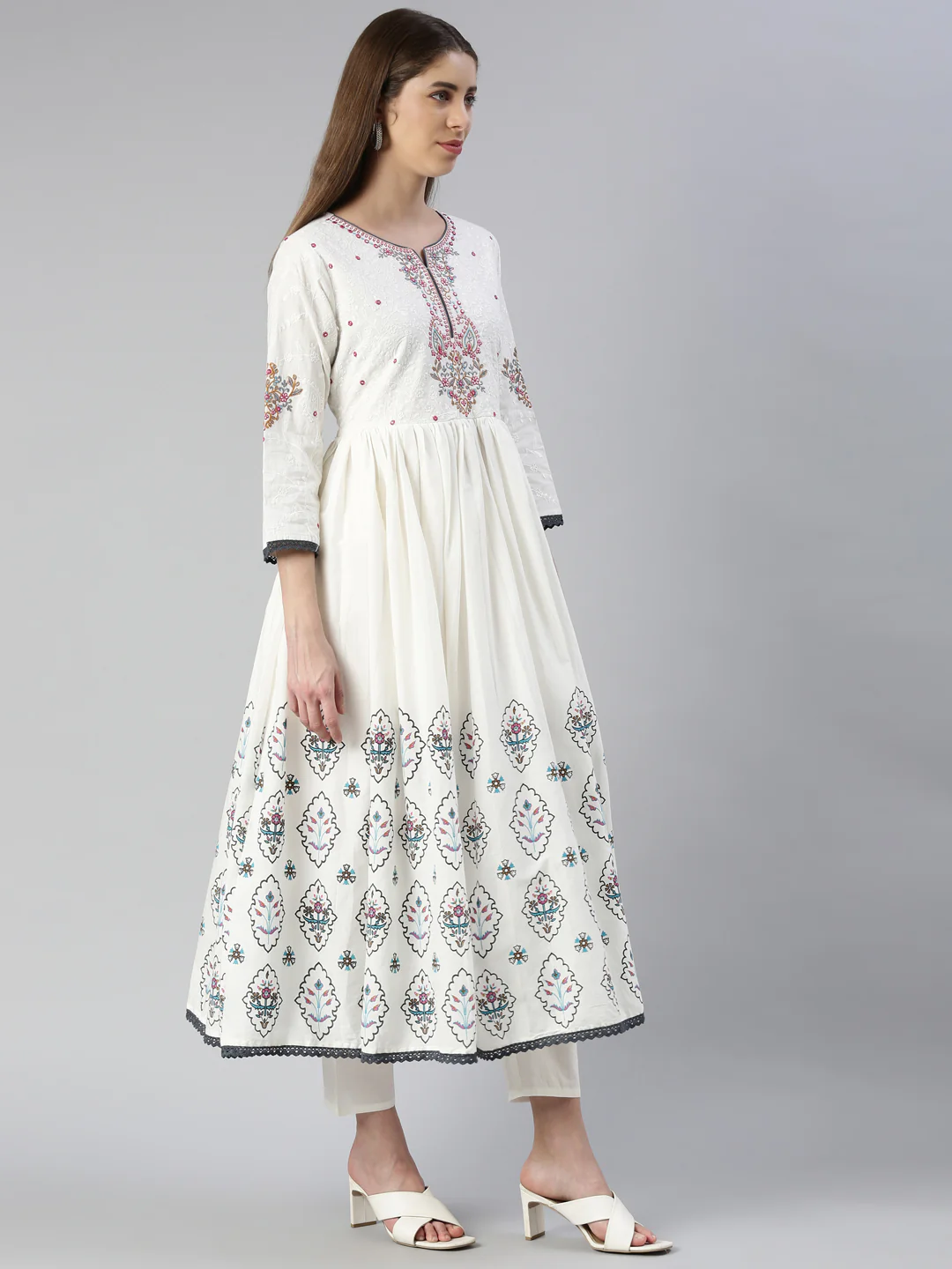 Neerus Women Off White Yoke Design Calf Length Kurta And Trousers With Dupatta - Image 2
