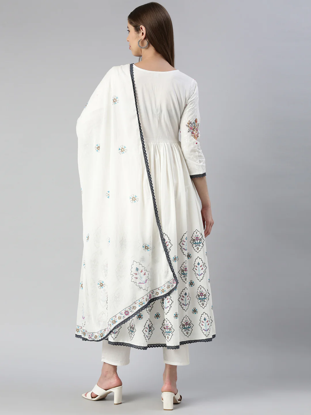 Neerus Women Off White Yoke Design Calf Length Kurta And Trousers With Dupatta - Image 3