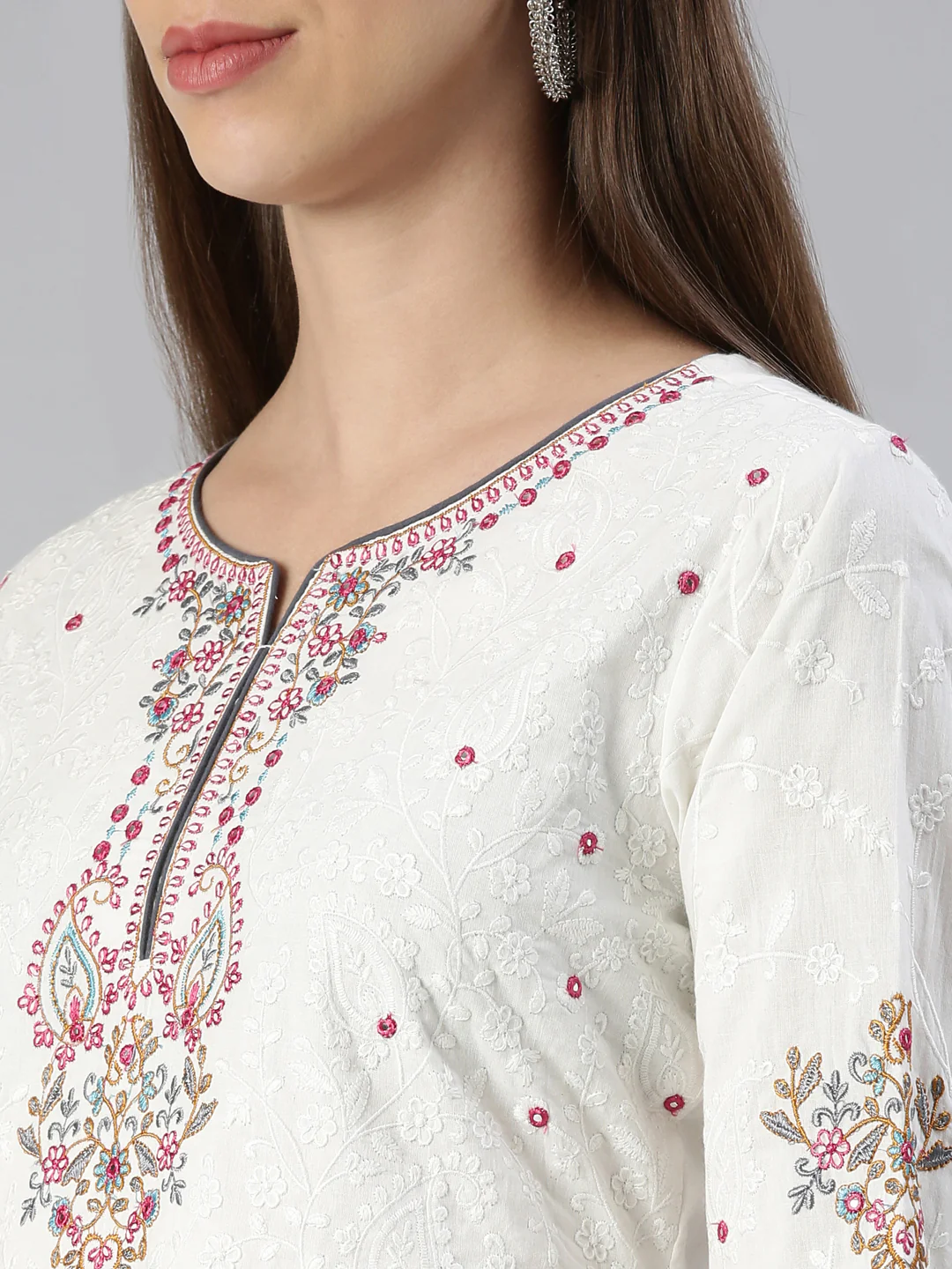 Neerus Women Off White Yoke Design Calf Length Kurta And Trousers With Dupatta - Image 4