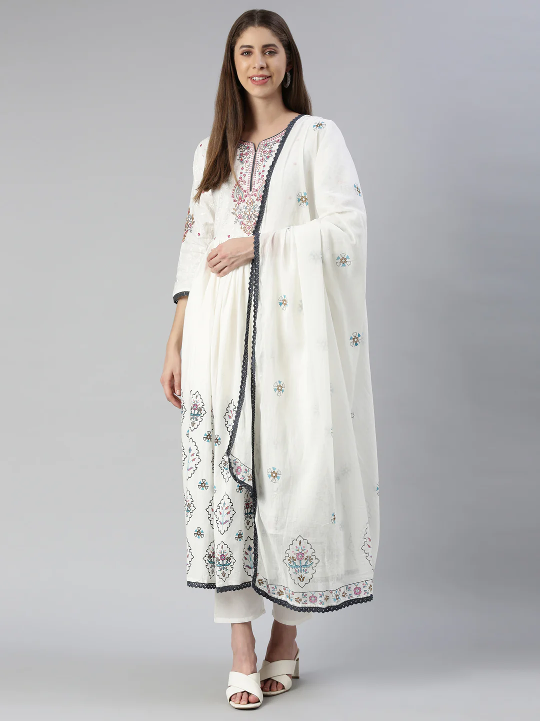 Neerus Women Off White Yoke Design Calf Length Kurta And Trousers With Dupatta - Image 5