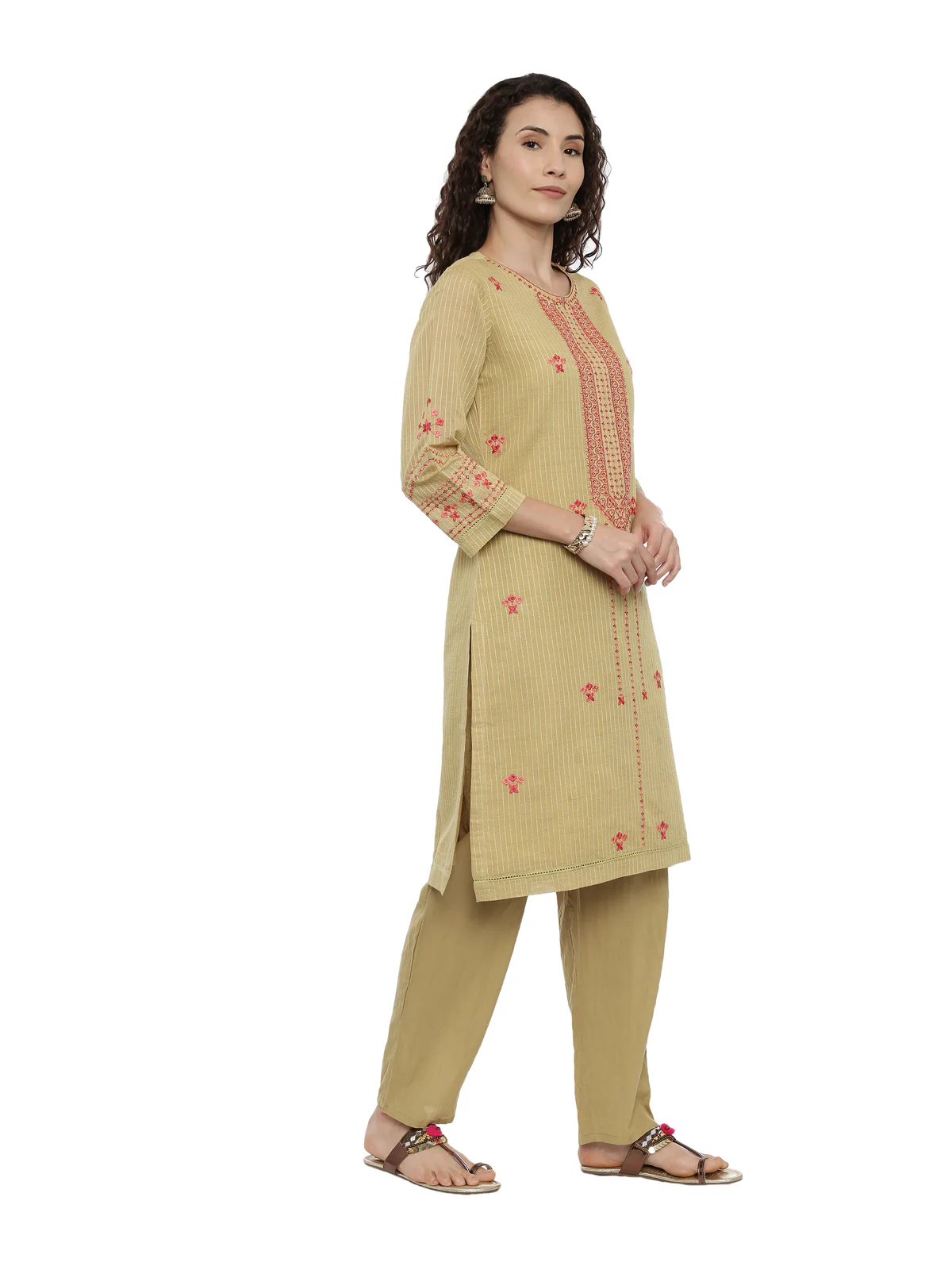 Neerus Women Olive Green Pink Embroidered Kurta with Trousers Dupatta - Image 2