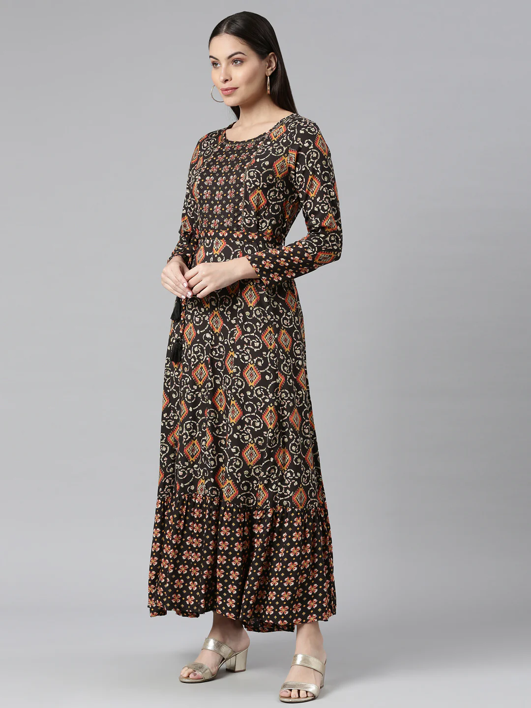Neerus Women Olive Green Printed Flared Sleeves Anarkali Kurta - Image 2