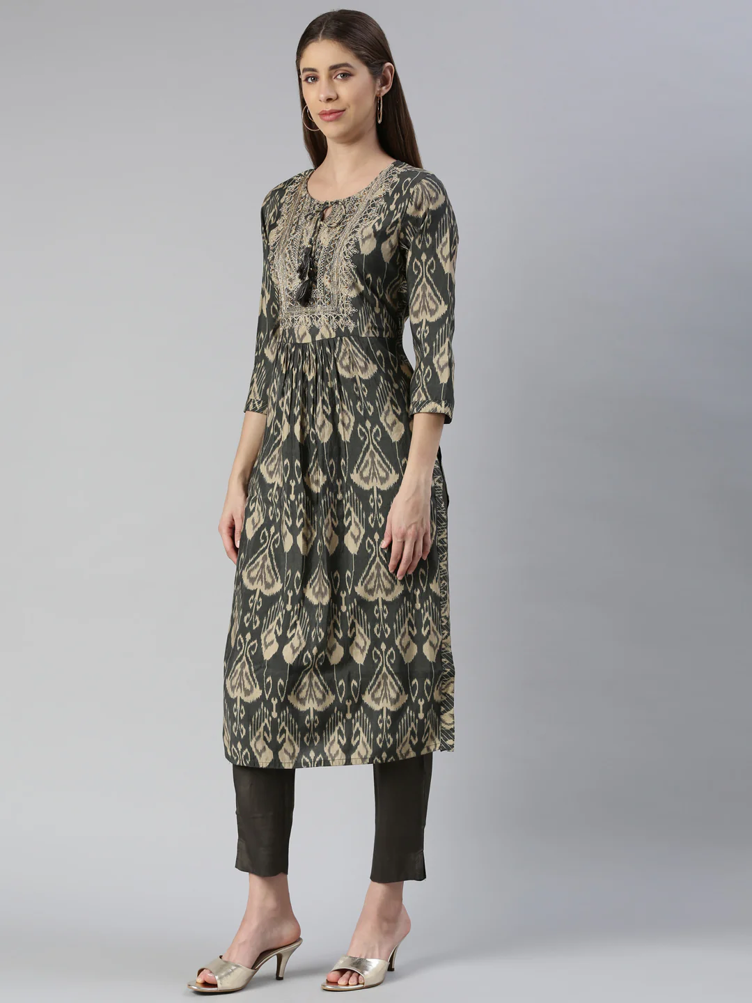 Neerus Women Olive Yoke Design Calf Length Kurta And Trousers With Dupatta - Image 2