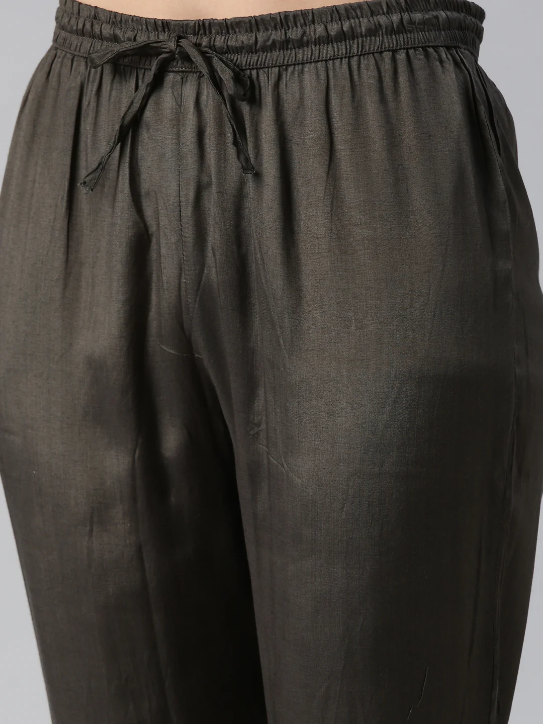 Neerus Women Olive Yoke Design Calf Length Kurta And Trousers With Dupatta - Image 6
