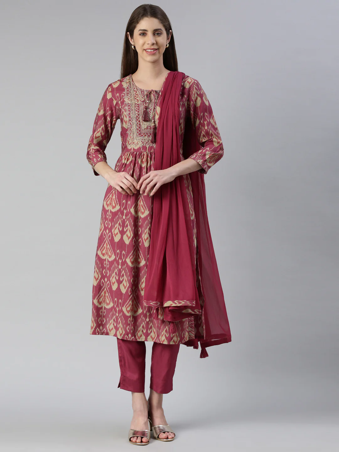 Neerus Women Onion Yoke Design Calf Length Kurta And Trousers With Dupatta