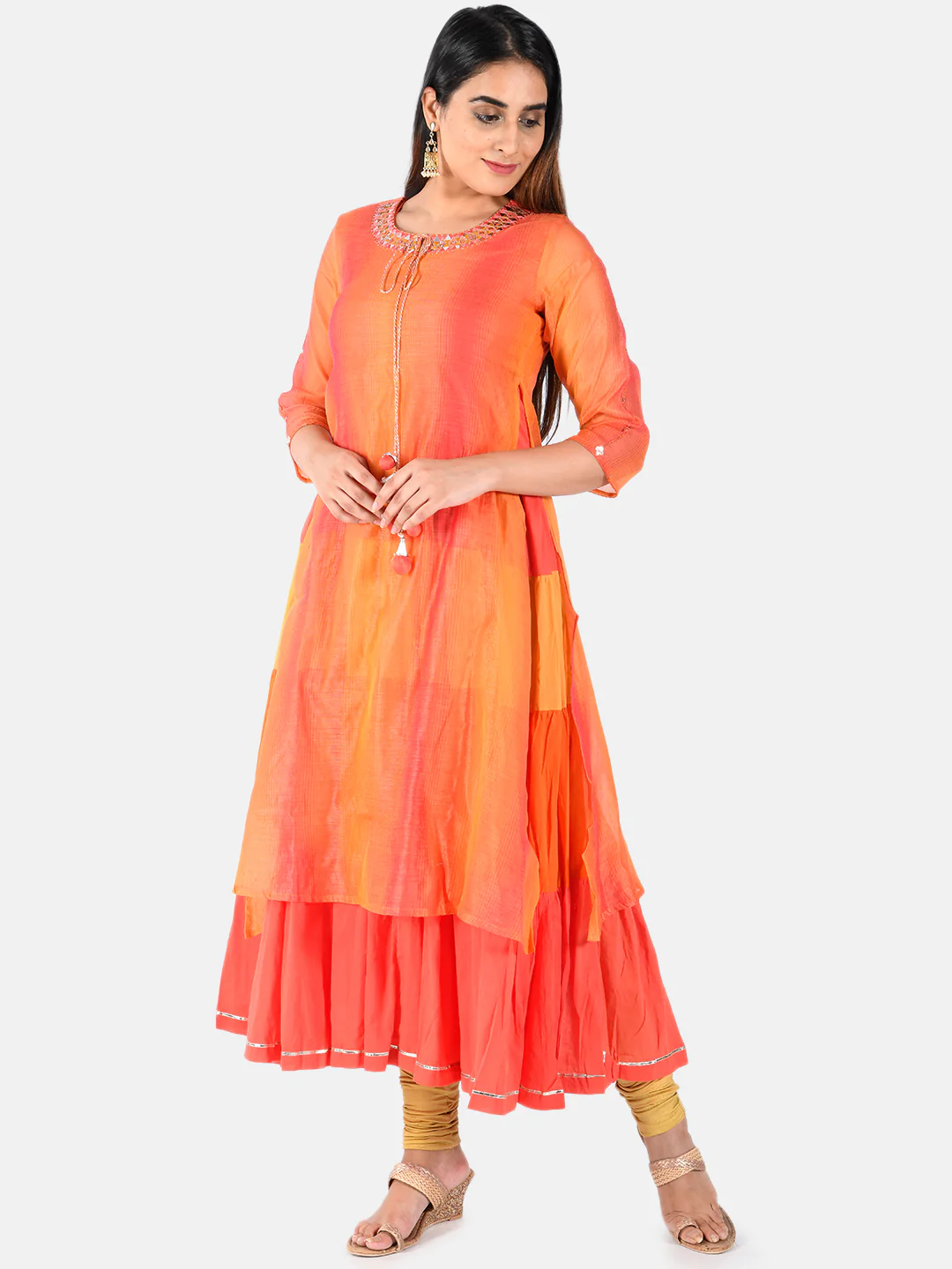Neerus Women Orange Colour blocked A-Line Layered Kurta - Image 5