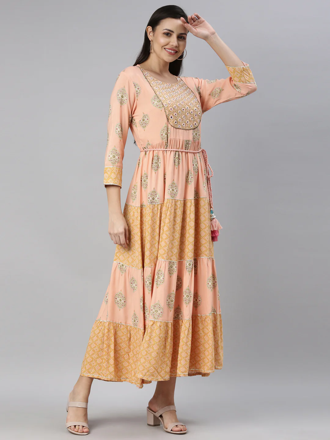 Neerus Women Peach-Coloured Floral Printed Fit  Flare Midi Dress - Image 2