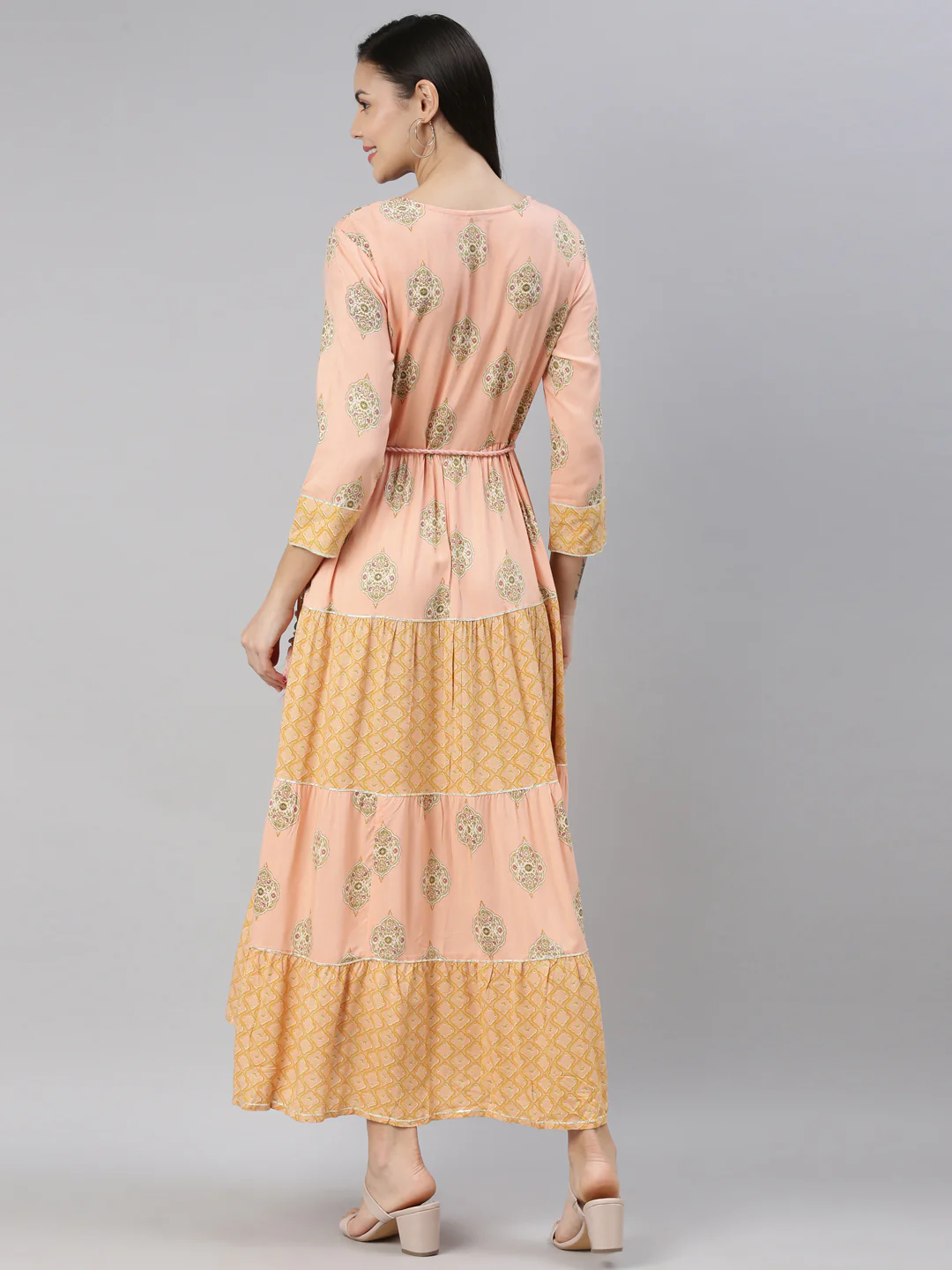 Neerus Women Peach-Coloured Floral Printed Fit  Flare Midi Dress - Image 3