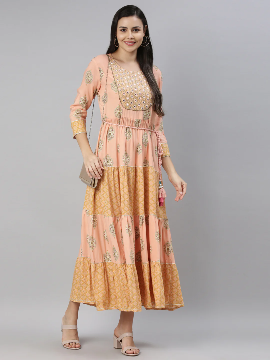 Neerus Women Peach-Coloured Floral Printed Fit  Flare Midi Dress - Image 5