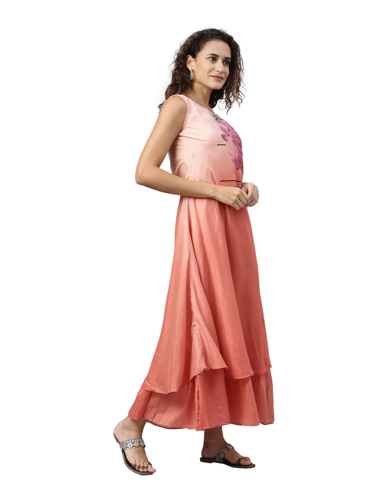 Neerus Women Peach-Coloured Floral Printed Layered Kurta - Image 4