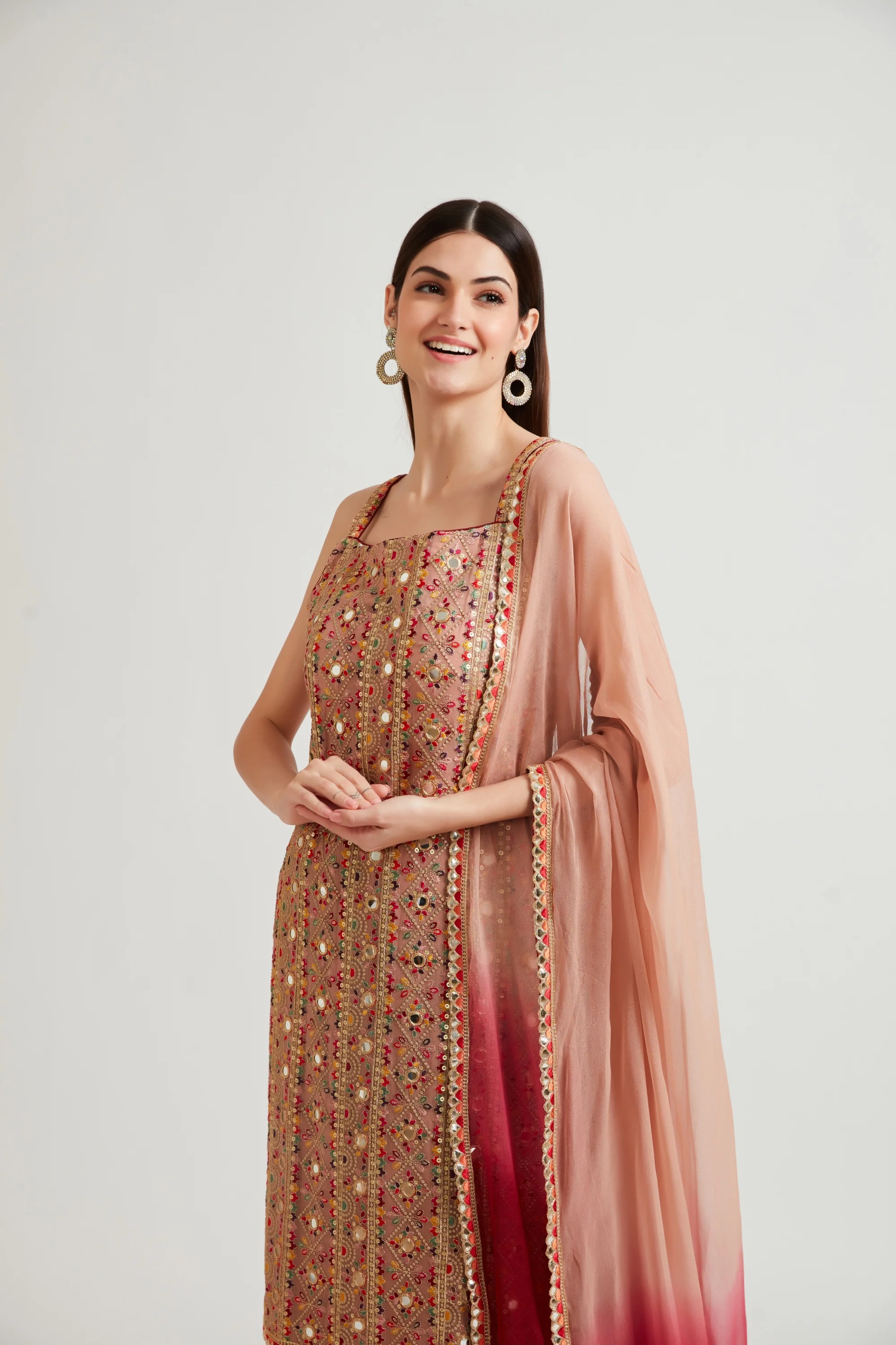 Neerus Women Peach-Coloured Kurta and Palazzos With Dupatta - Image 4