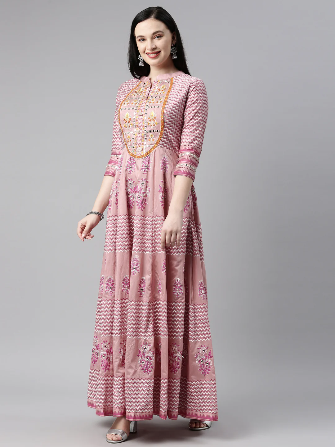 Neerus Women Pink Embroidered Aari Work Chanderi Cotton Kurta with Churidar  With Dupatta - Image 2
