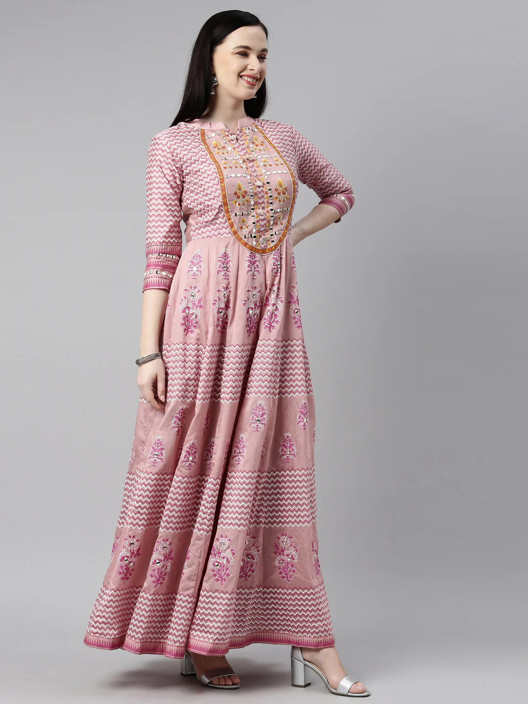 Neerus Women Pink Embroidered Aari Work Chanderi Cotton Kurta with Churidar  With Dupatta - Image 3