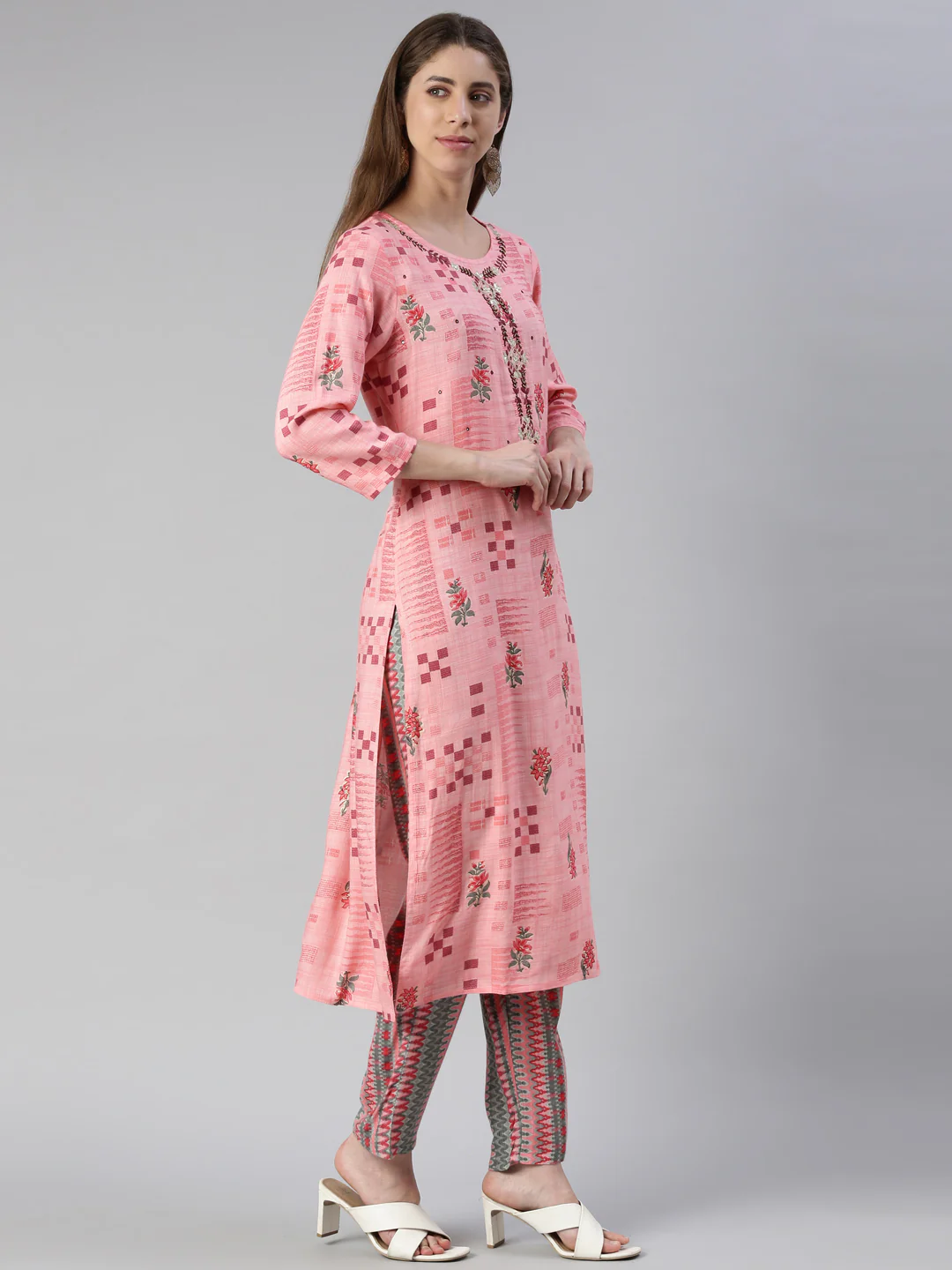 Neerus Women Pink Embroidered Calf Length Kurta And Trousers - Image 2