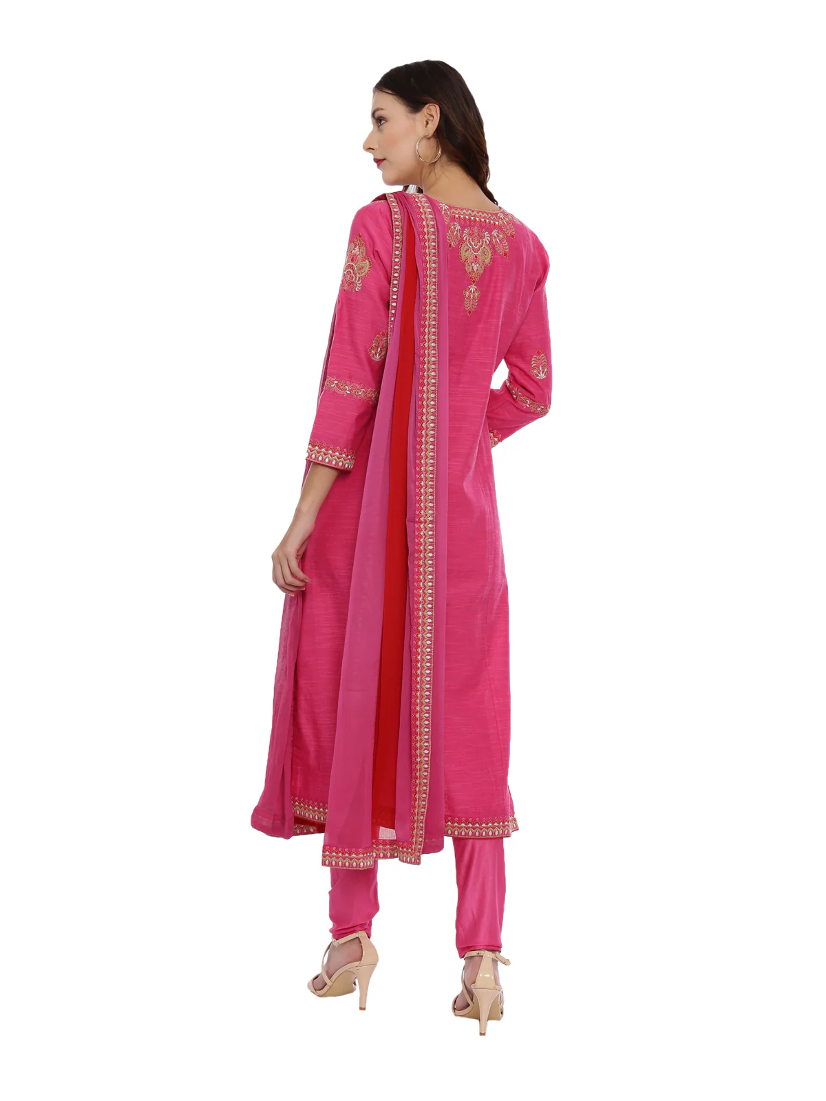 Neerus Women Pink Embroidered Kurta with Churidar and Dupatta - Image 3