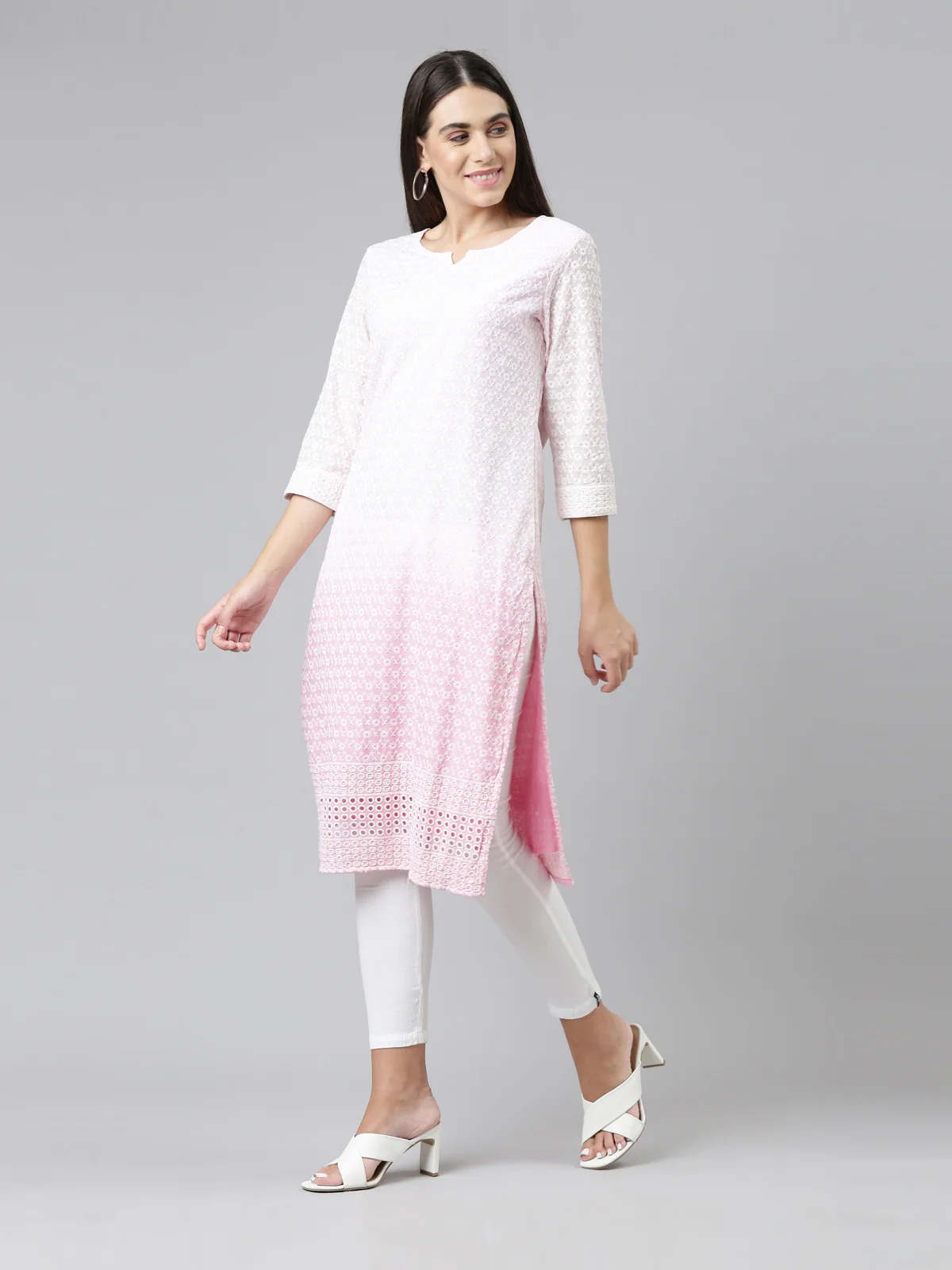 Neerus Women Pink Ethnic Motifs Embroidered Chikankari Kurta - Image 3