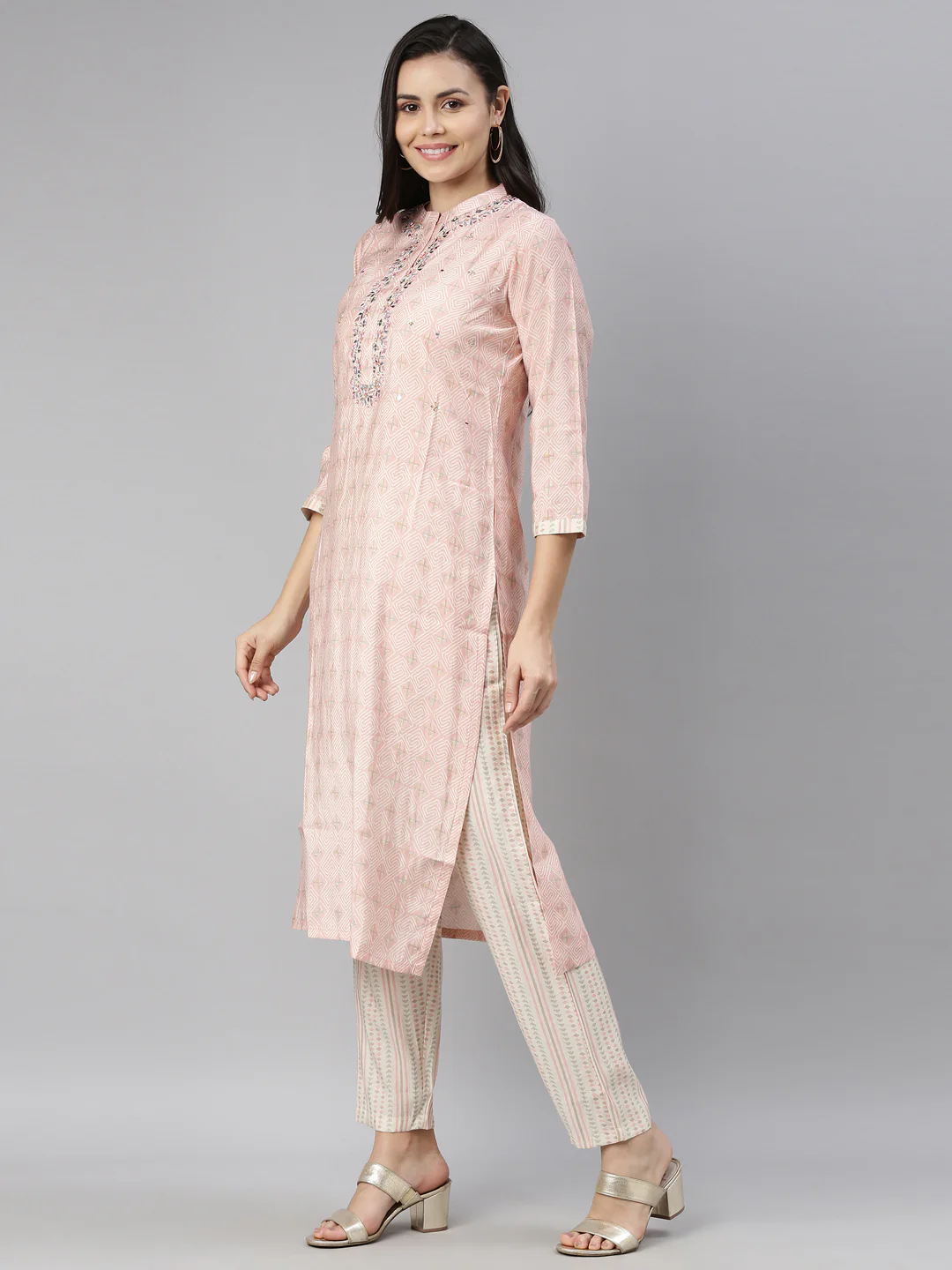 Neerus Women Pink Ethnic Motifs Printed Mirror Work Kurti with Trousers - Image 2
