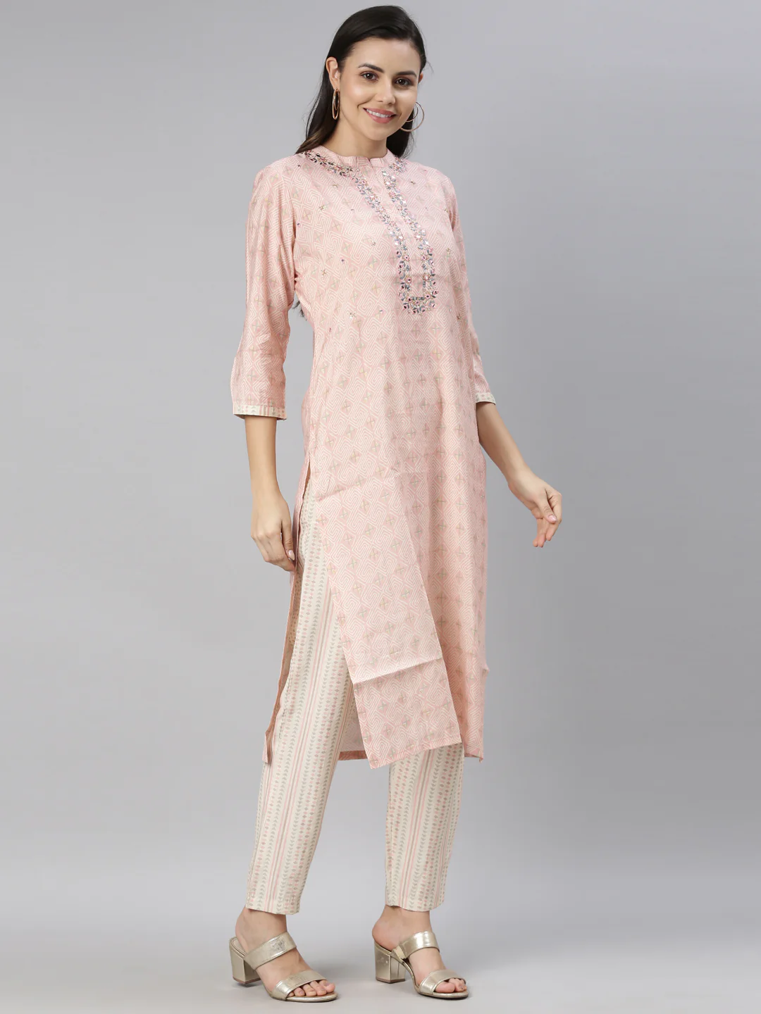 Neerus Women Pink Ethnic Motifs Printed Mirror Work Kurti with Trousers - Image 3