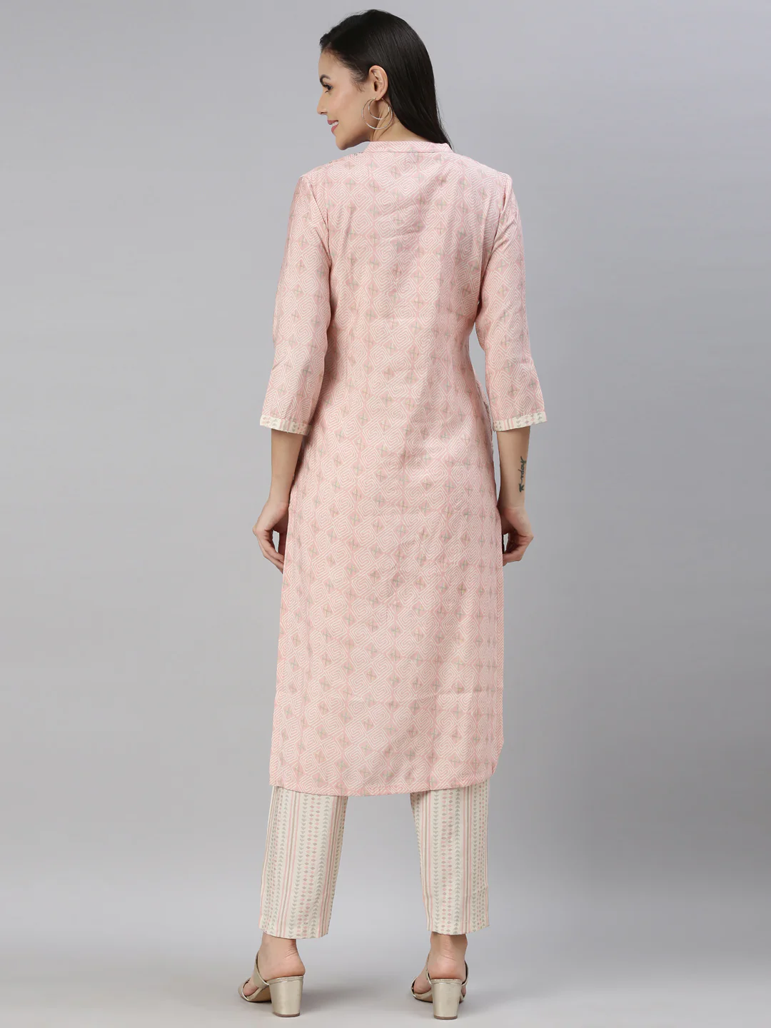 Neerus Women Pink Ethnic Motifs Printed Mirror Work Kurti with Trousers - Image 4