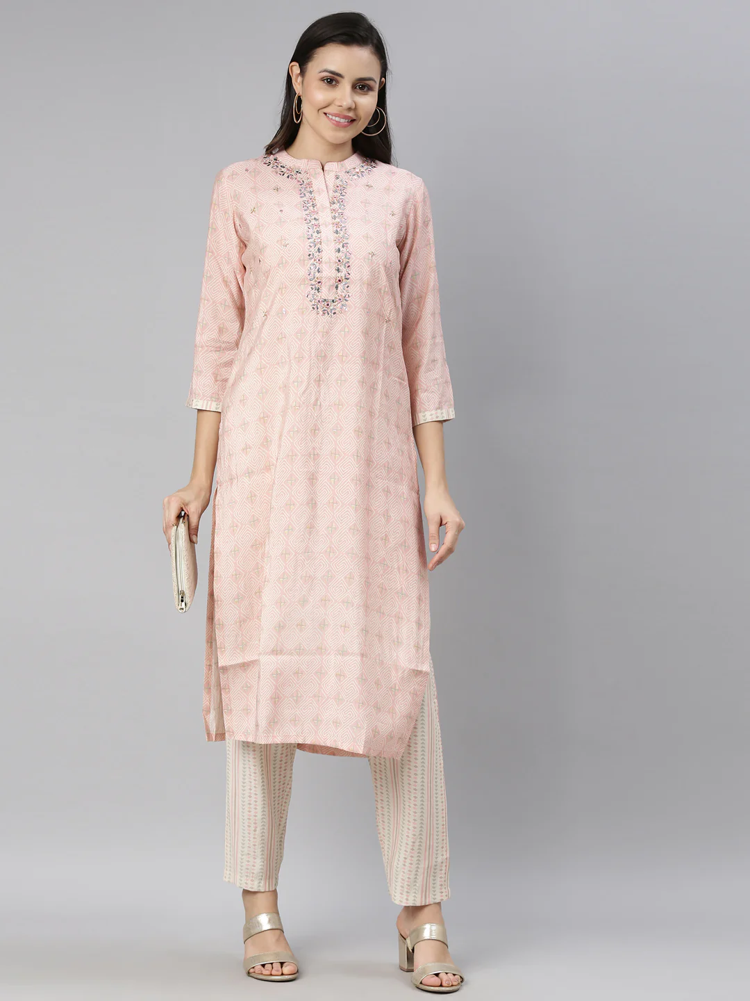 Neerus Women Pink Ethnic Motifs Printed Mirror Work Kurti with Trousers - Image 6