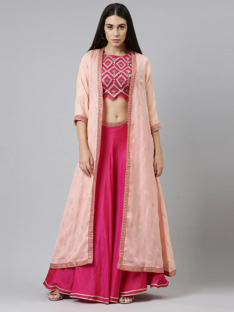 Neerus Women Pink Gold-Toned Embellished Top with Skirt