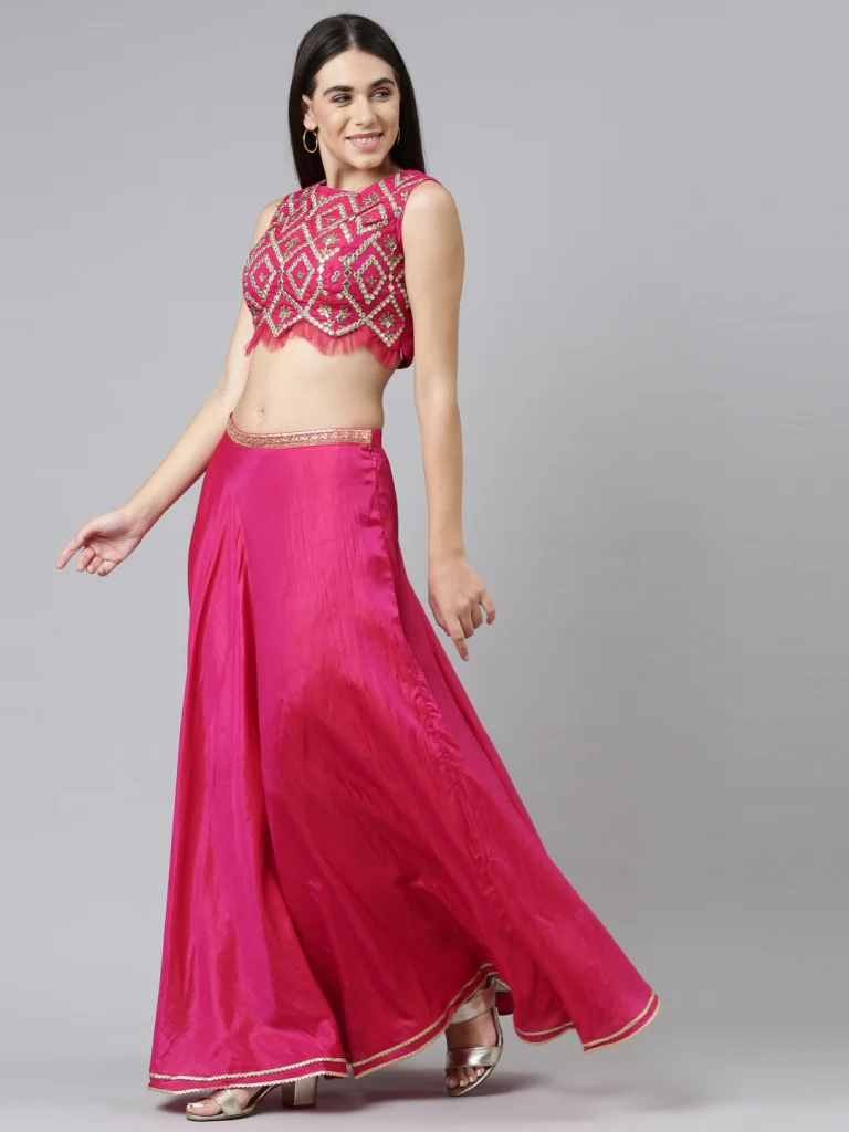 Neerus Women Pink Gold-Toned Embellished Top with Skirt - Image 2