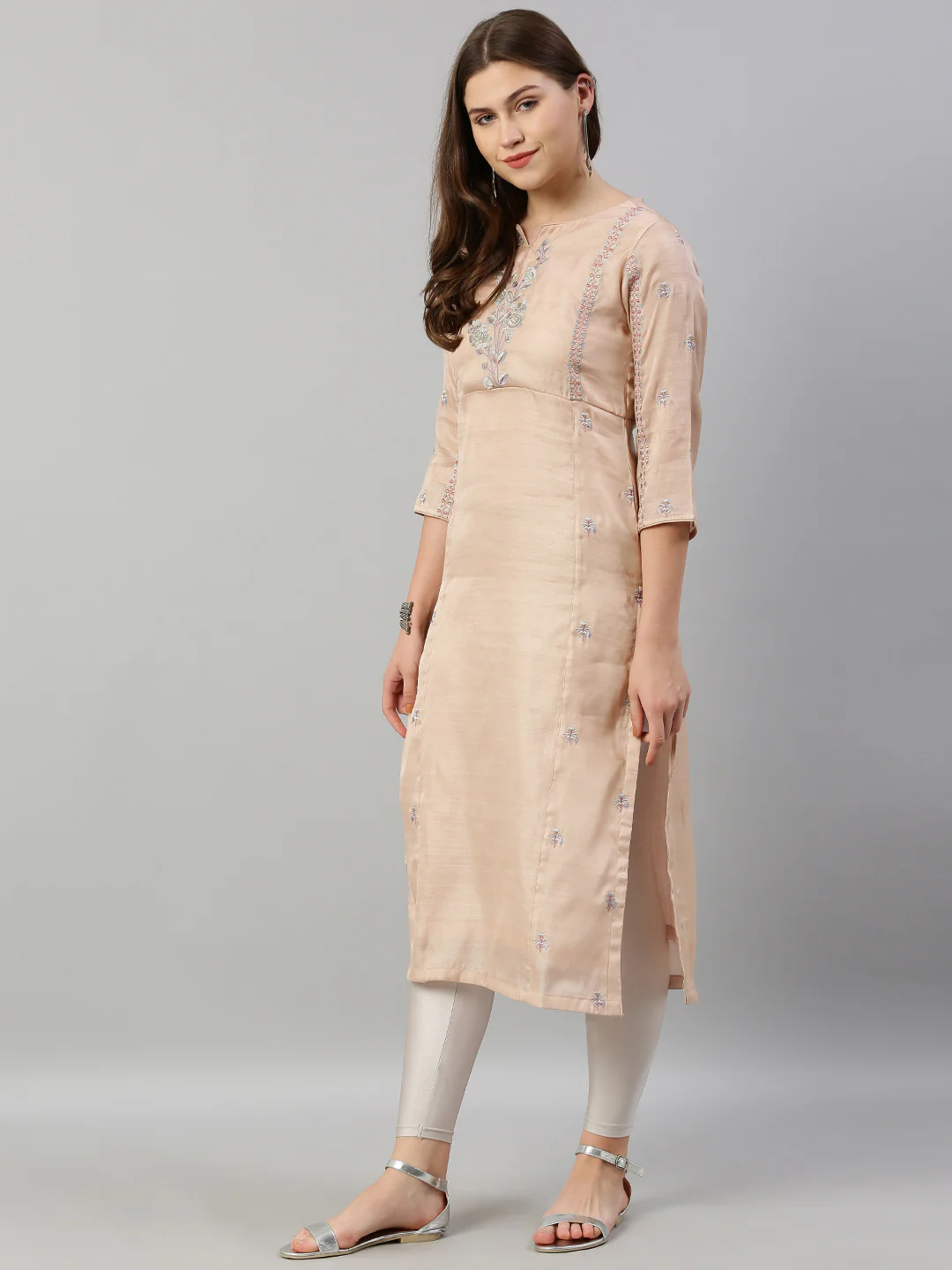 Neerus Women Pink Grey Embroidered Straight Kurta - Image 5