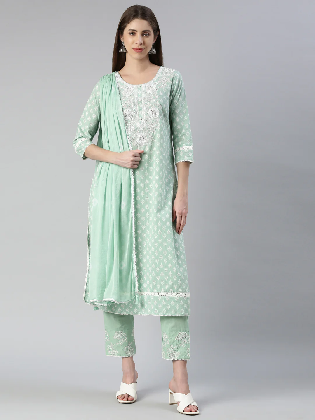 Neerus Women Pista Embroidered Calf Length Kurta And Trousers With Dupatta