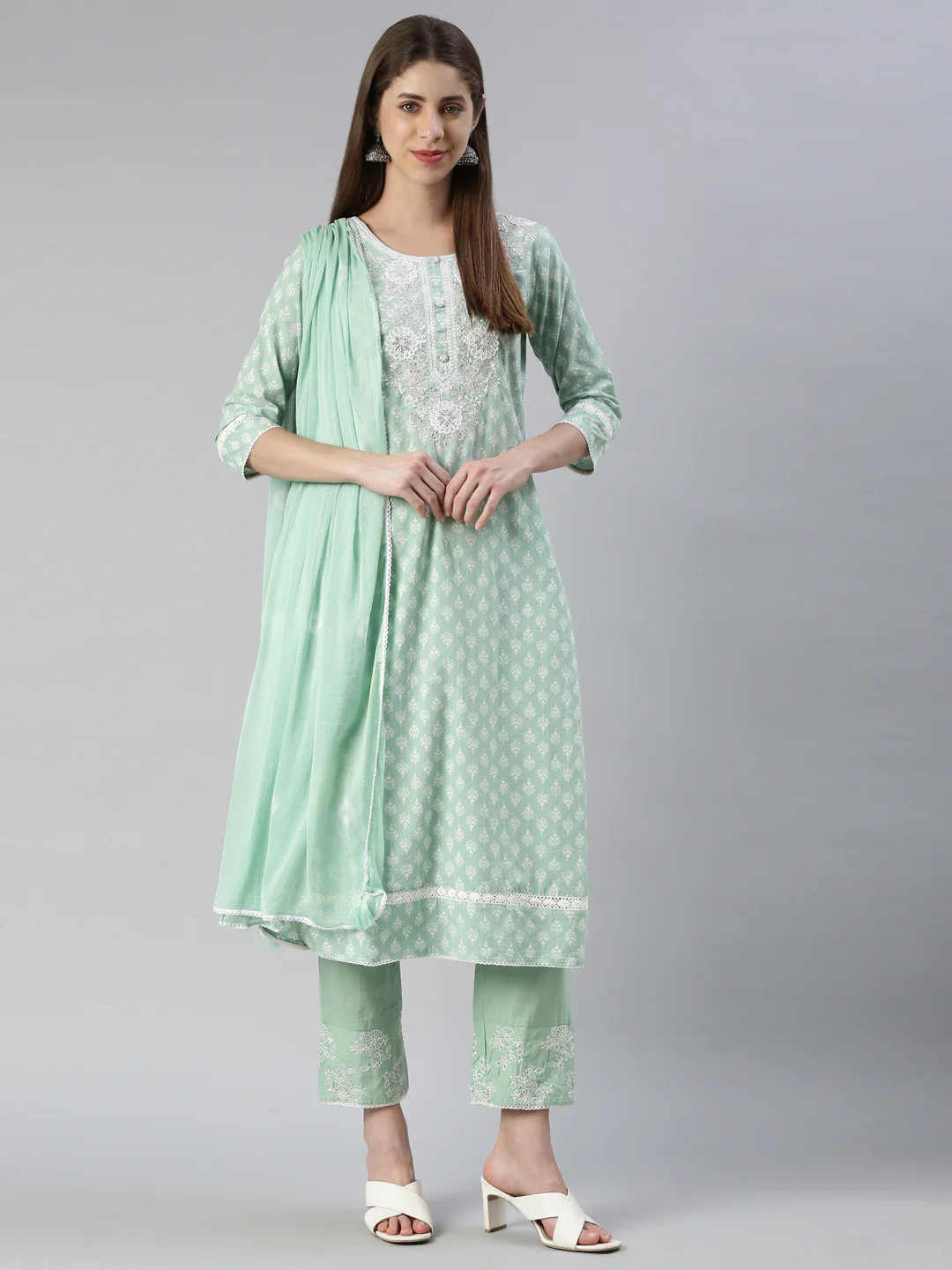 Neerus Women Pista Embroidered Calf Length Kurta And Trousers With Dupatta - Image 5