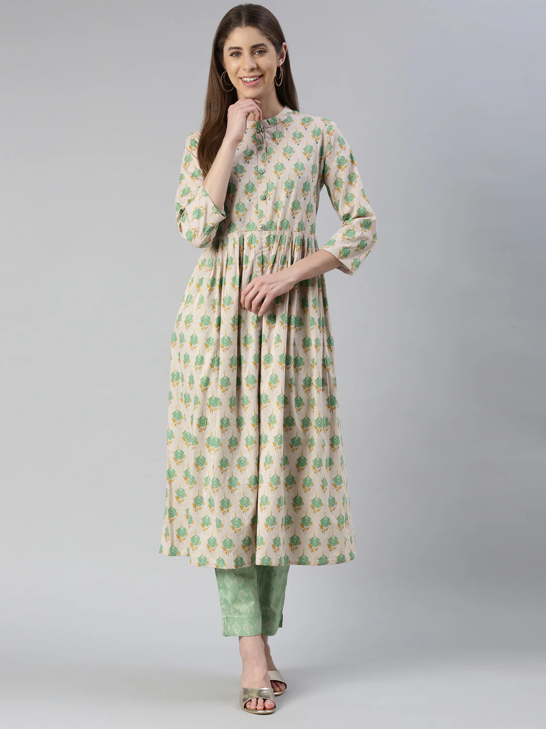 Neerus Women Pista Printed Calf Length Kurta And Trousers